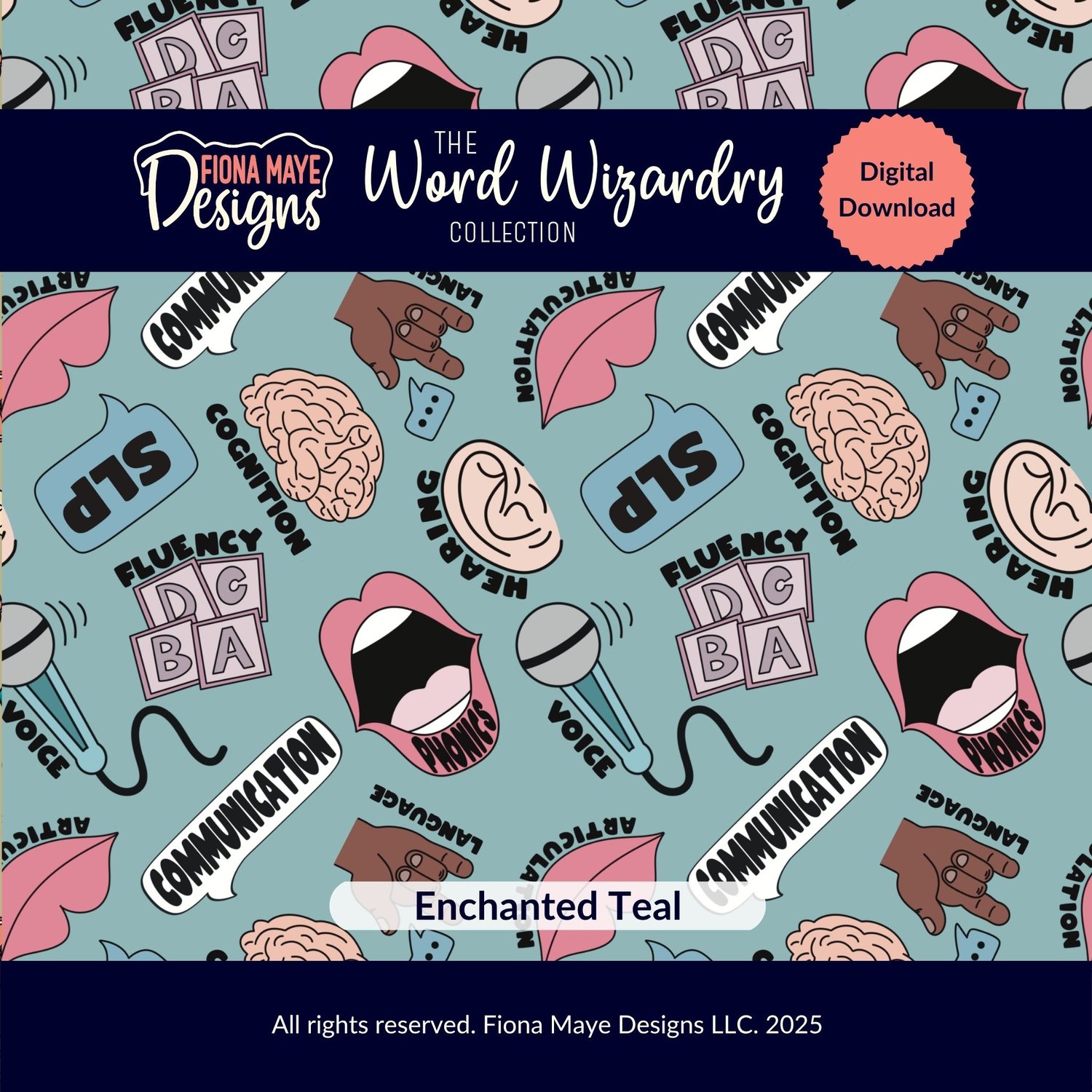 Seamless pattern preview in teal featuring speech‑themed icons like mouths, brains, microphones, and text elements such as communication, fluency, and SLP.