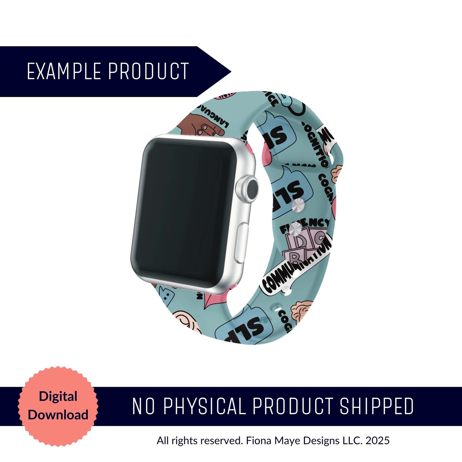 Smartwatch band mockup featuring a colorful speech‑themed pattern with illustrated icons and numbers, shown as a digital product preview.