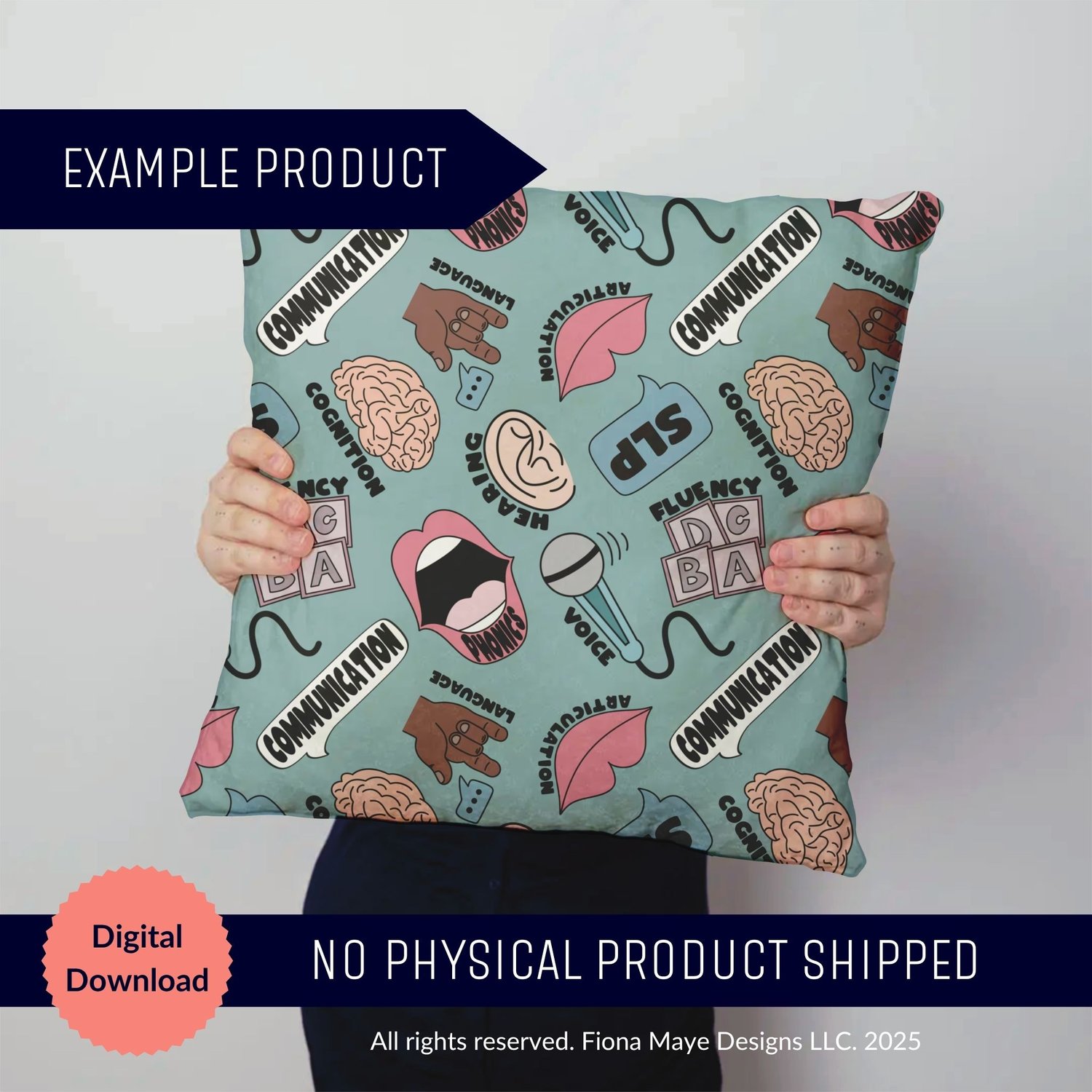 Square pillow mockup with a teal speech‑themed pattern featuring icons like a brain, lips, gestures, and text such as communication, fluency, and SLP.
