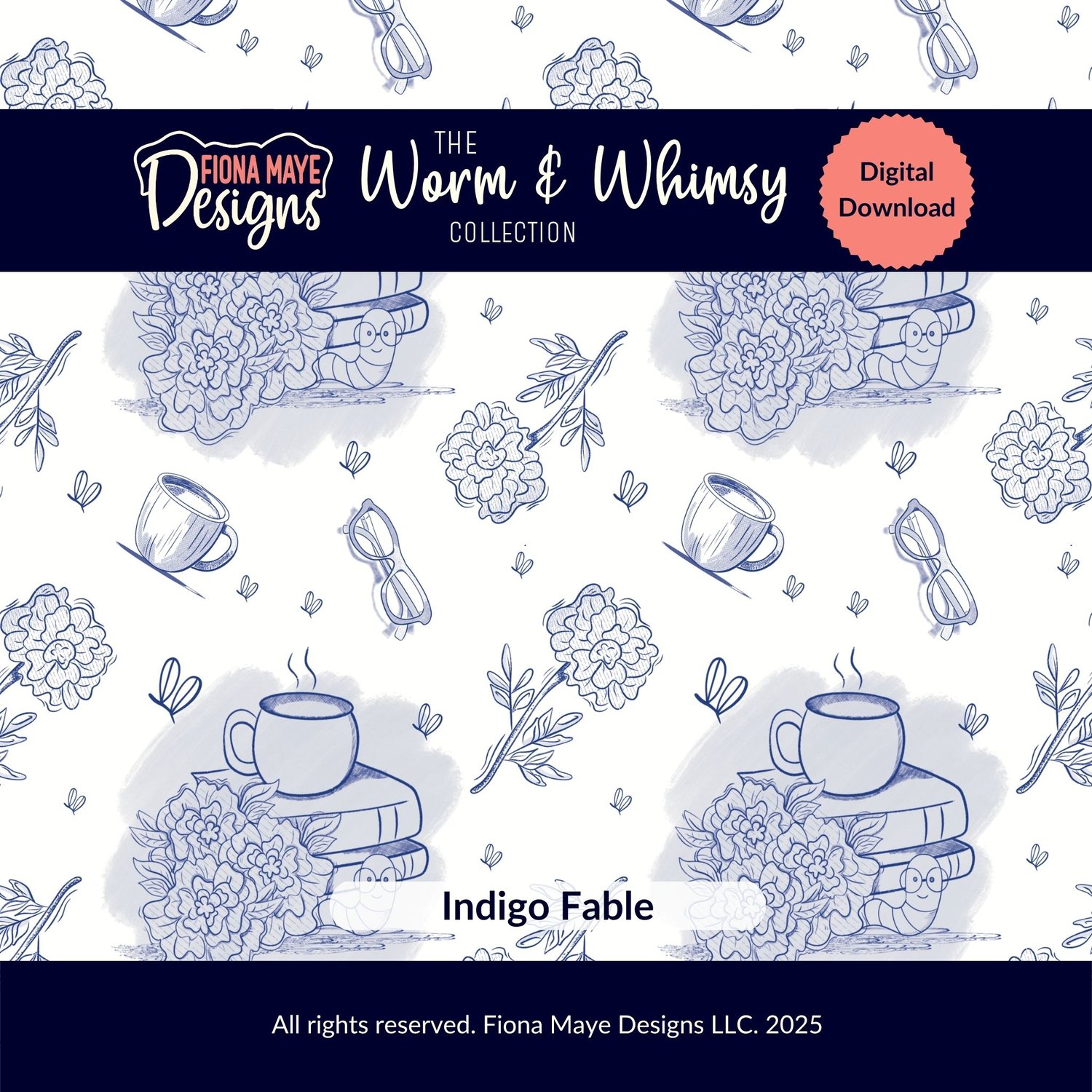 Indigo Fable digital pattern featuring hand‑drawn indigo teacups, books, glasses, flowers, and dragonflies on white with collection and branding text.