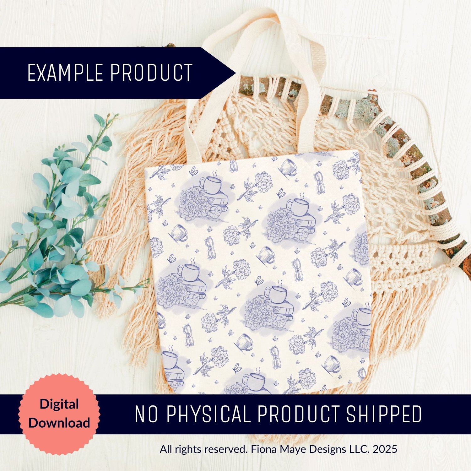 Tote bag mockup with blue teapot pattern on a light wood flat‑lay with woven mat and greenery. Text notes it’s a digital download, no physical item shipped.