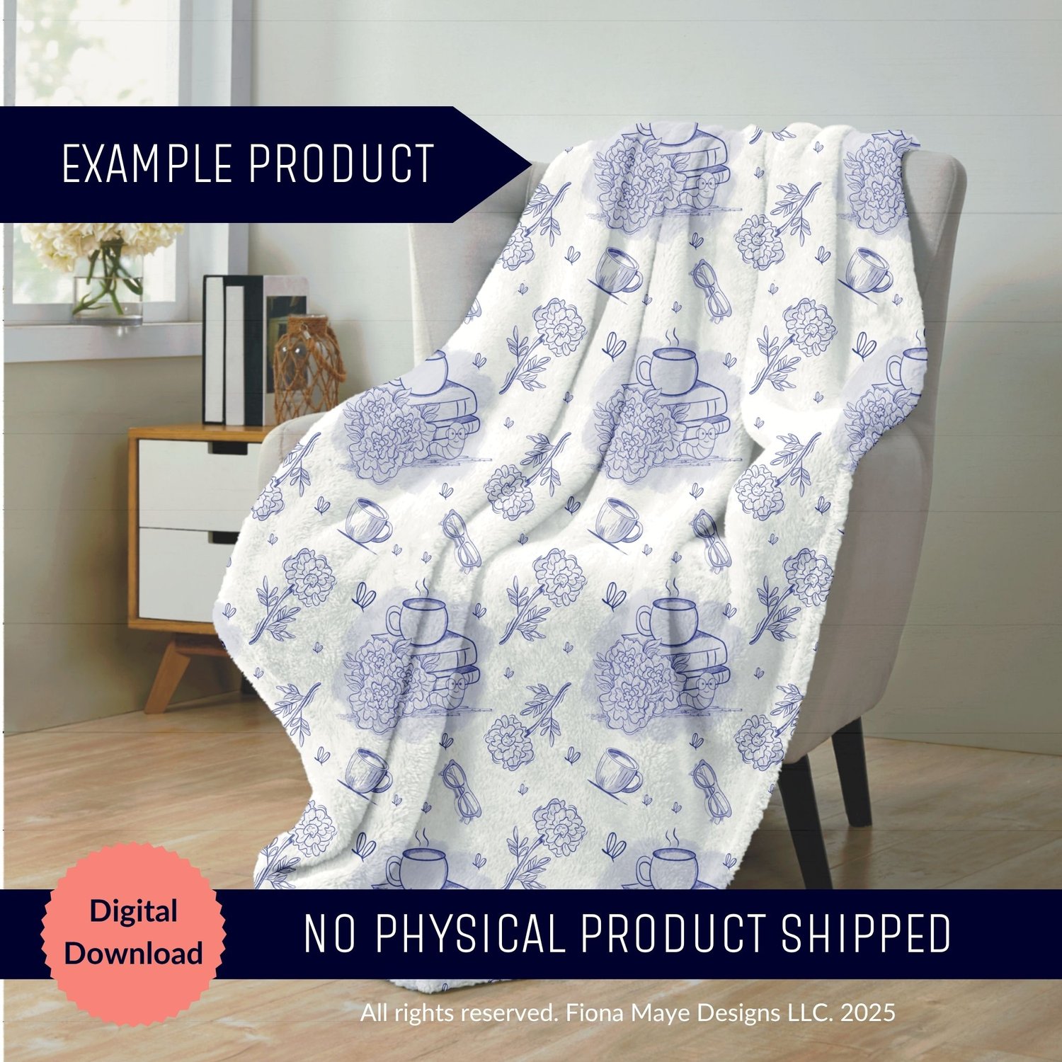 Cozy room scene with a white blanket featuring blue line‑art botanical and teapot motifs draped over a gray chair, shown as a digital‑download mockup.