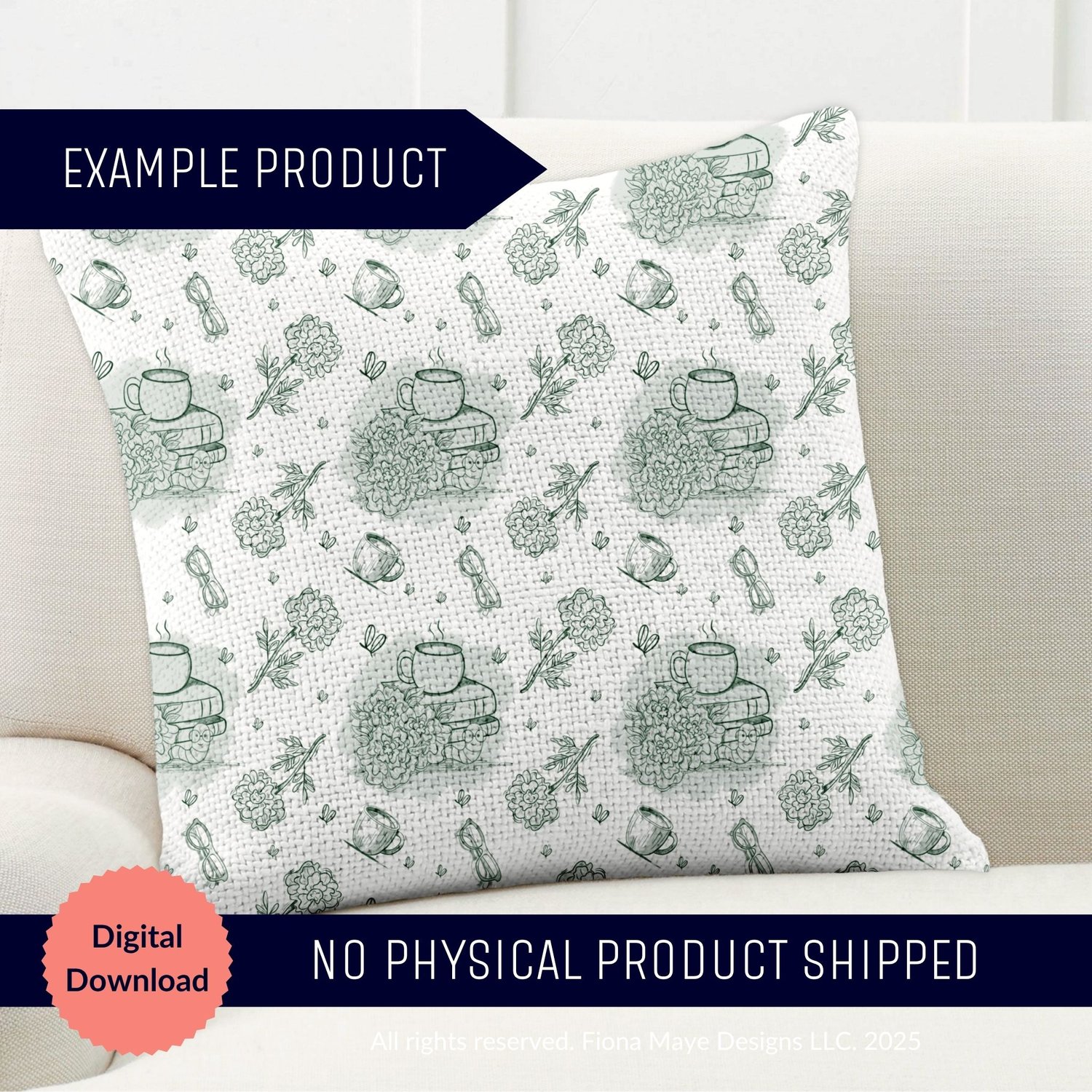 Pillow mockup on a light couch featuring a green line‑art pattern of teapots, cups, herbs, and flowers, shown as a digital‑download example product.