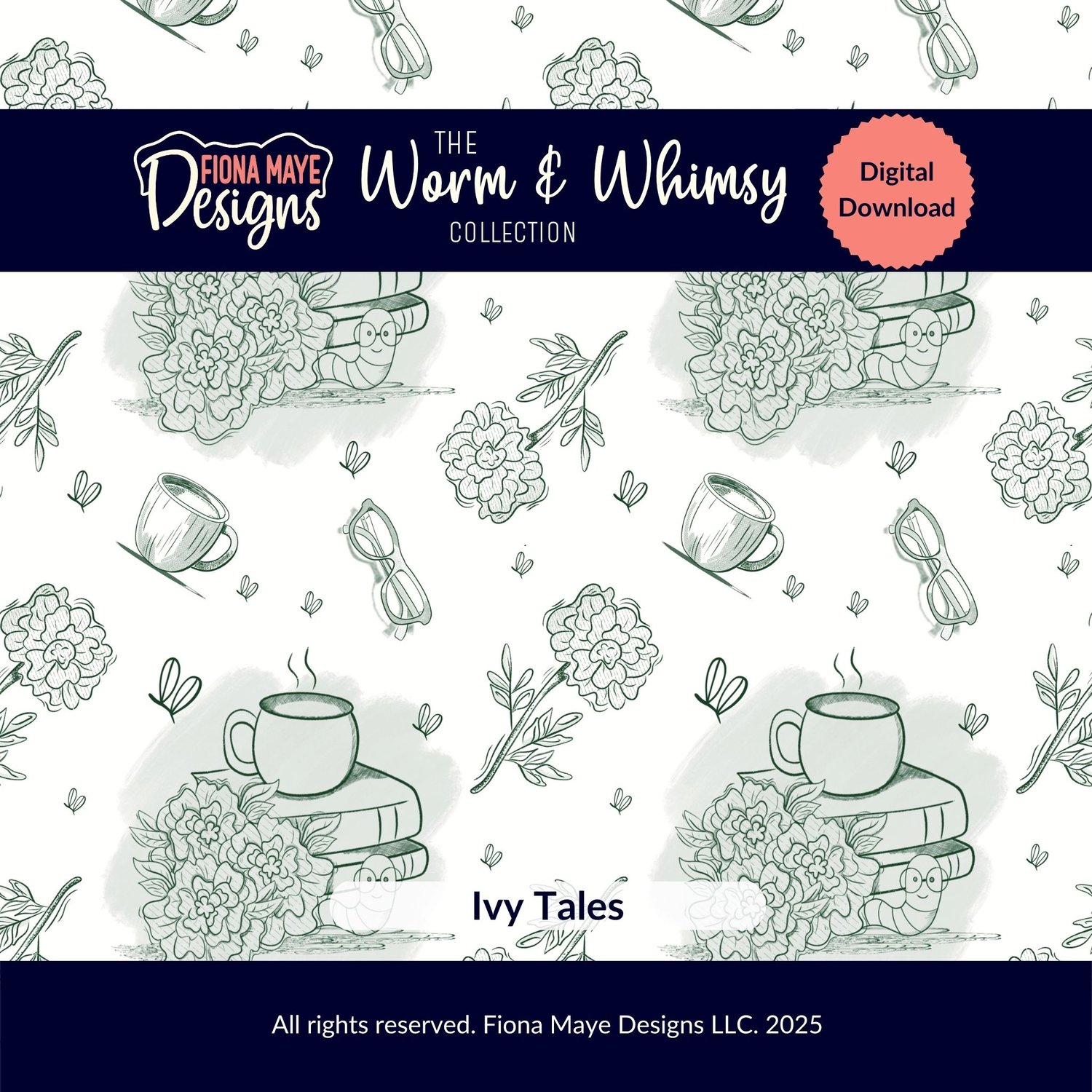 vy Tales digital pattern featuring hand‑drawn cups, books, glasses, flowers, and leaves in a whimsical sketch style with collection branding.