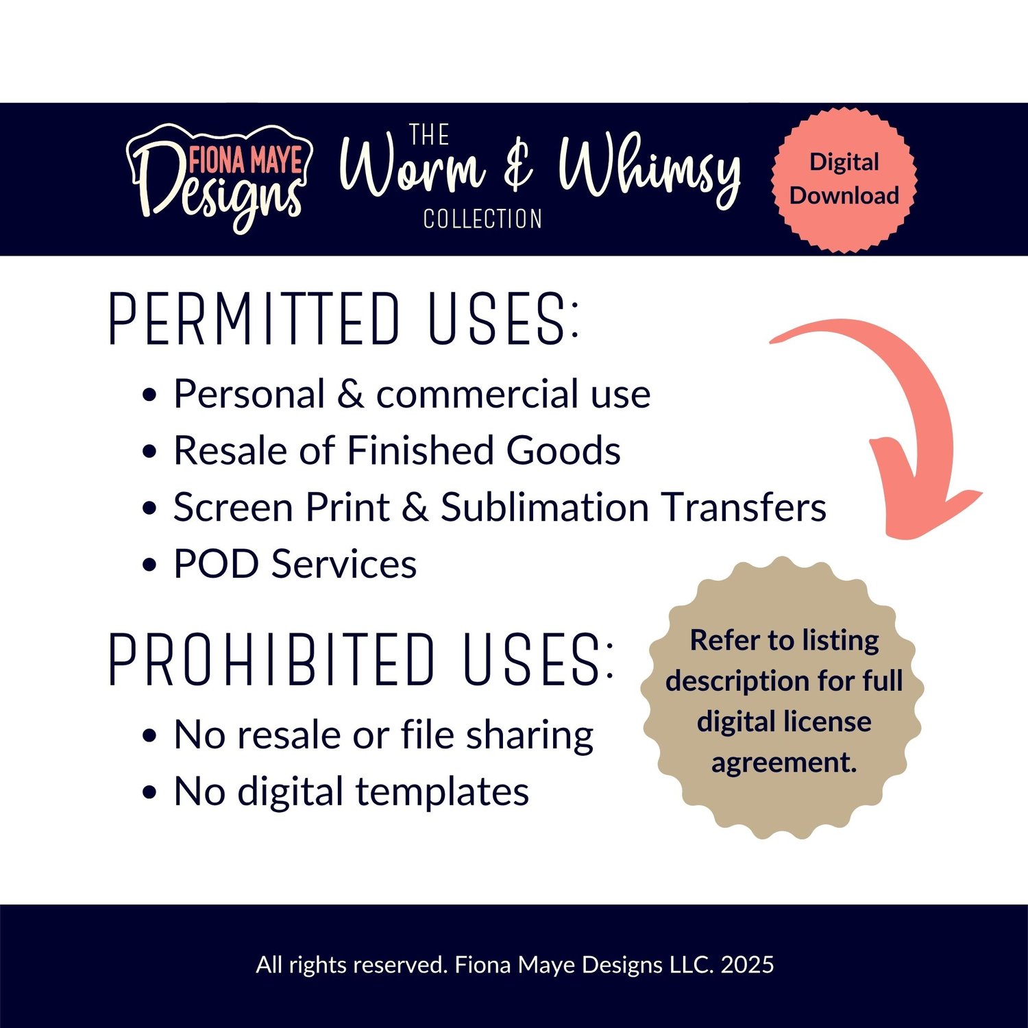 License info graphic for The Warm & Whimsy Collection outlining permitted and prohibited uses for the digital download with branding and section headers.