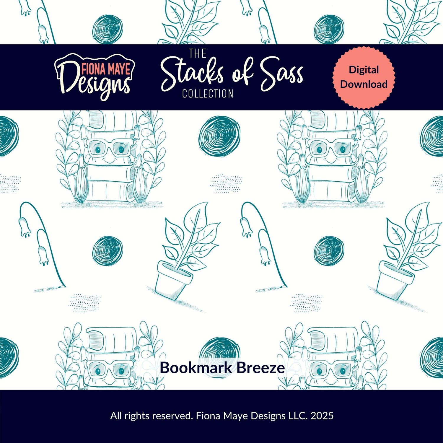 Stacks of Sass pattern preview featuring teal line‑art stacks of books with plants and textured accents on white, shown as a digital‑download design.