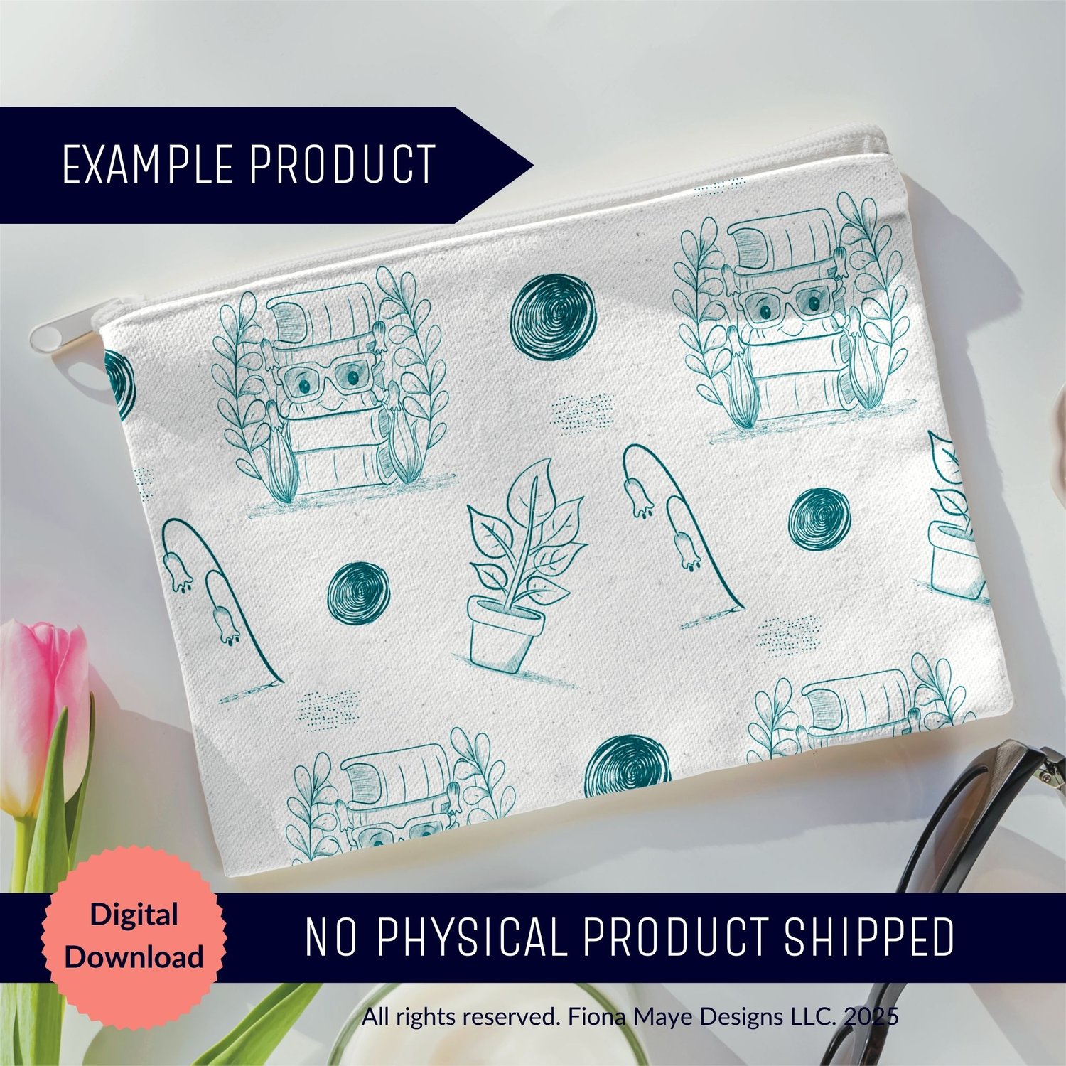 Zippered pouch mockup featuring a teal line‑art pattern of plants, watering can, and circles, shown as a digital‑download example product.
