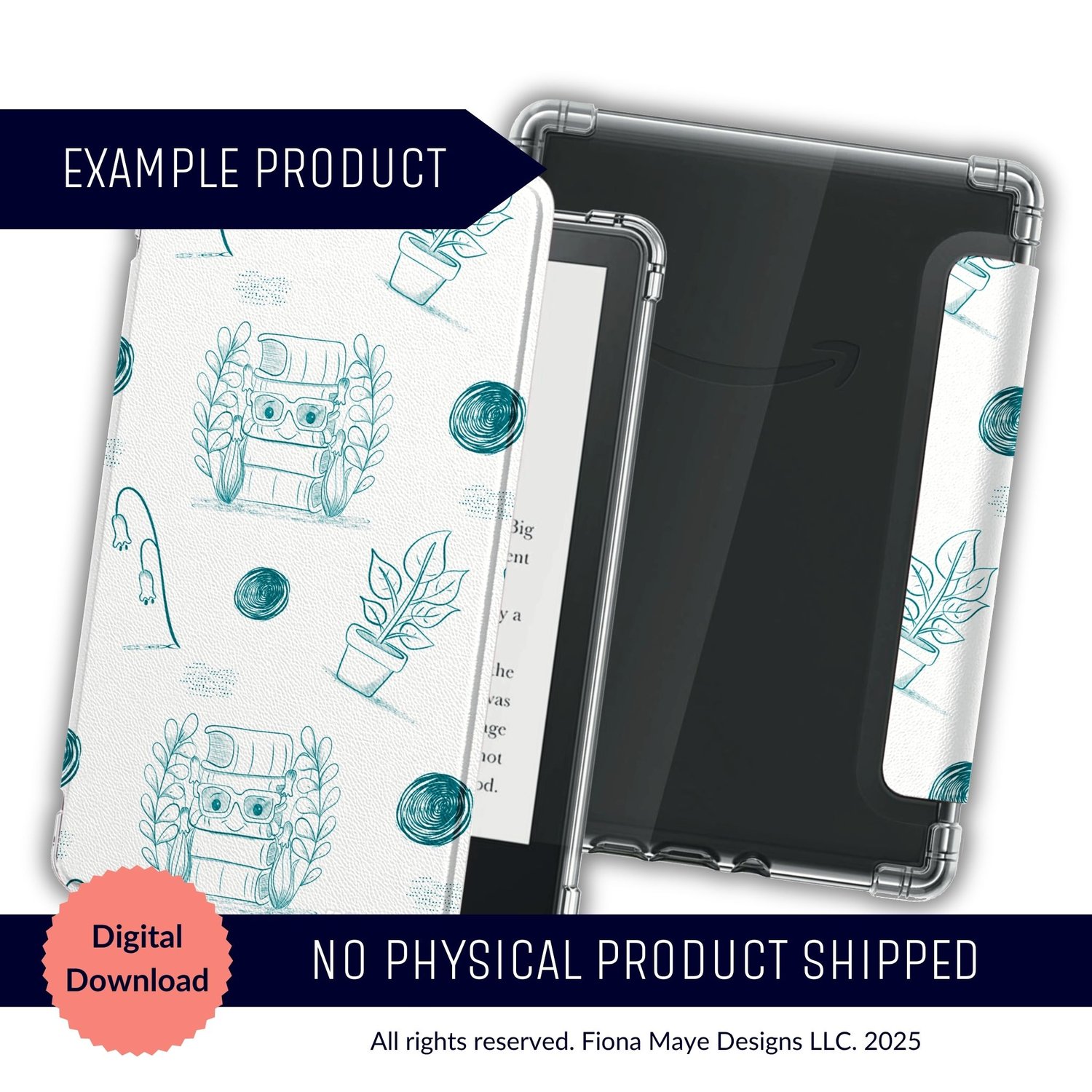 Tablet case mockup featuring a teal line‑art pattern of plants, books, and decorative elements on white, shown as a digital‑download example product.