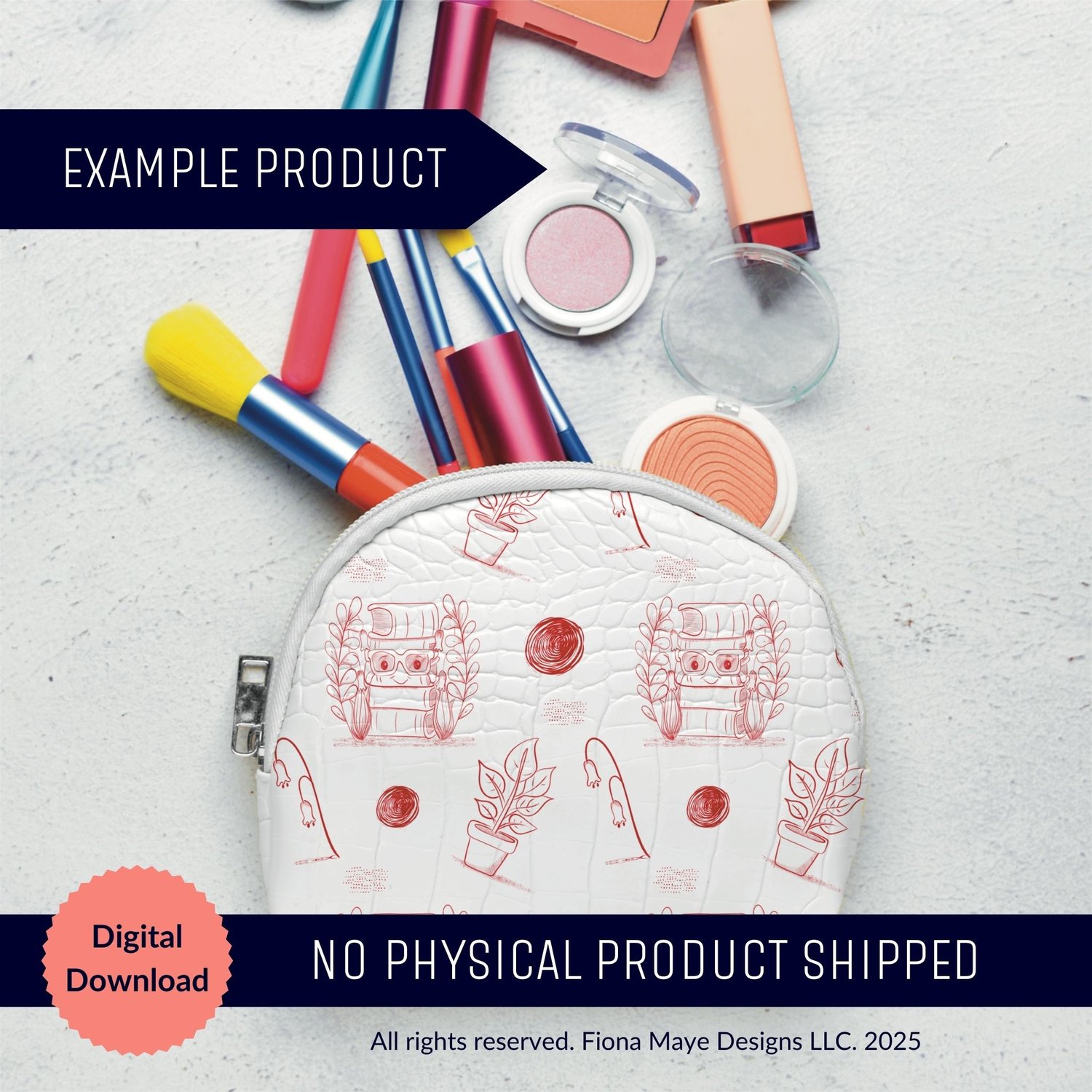 Flat‑lay makeup bag mockup featuring a red line‑art pattern of potted plants and a decorative cart, shown as a digital‑download example product.