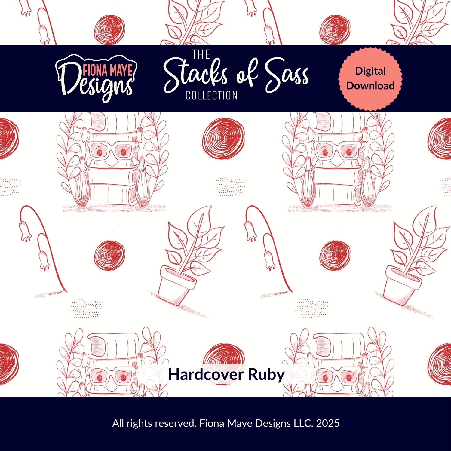 Stacks of Sass pattern preview featuring red line‑art stacks of books, plants, flowers, and yarn on white, shown as a digital‑download design.