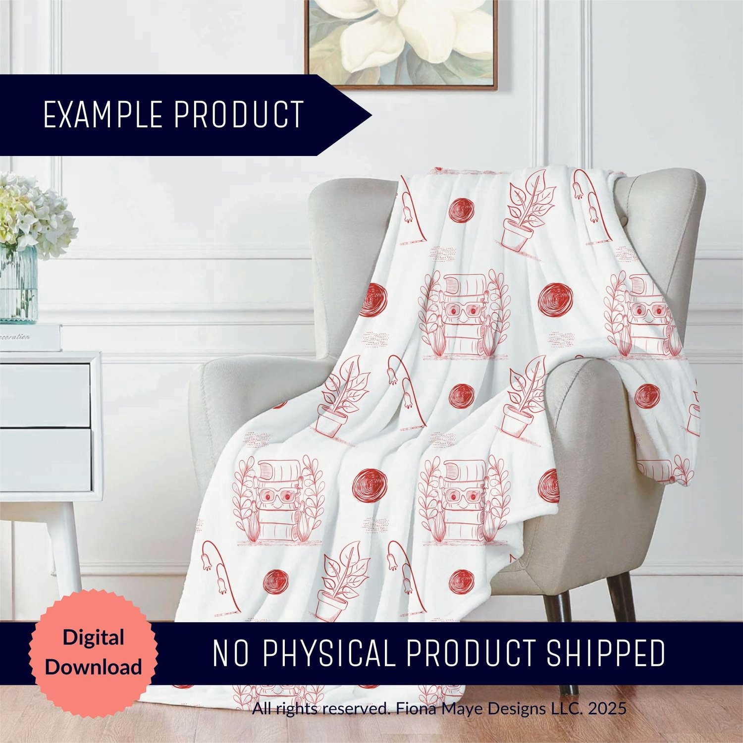 Armchair scene with a white blanket printed in a red line‑art pattern of plants, yarn, and decorative elements, shown as a digital‑download example product.