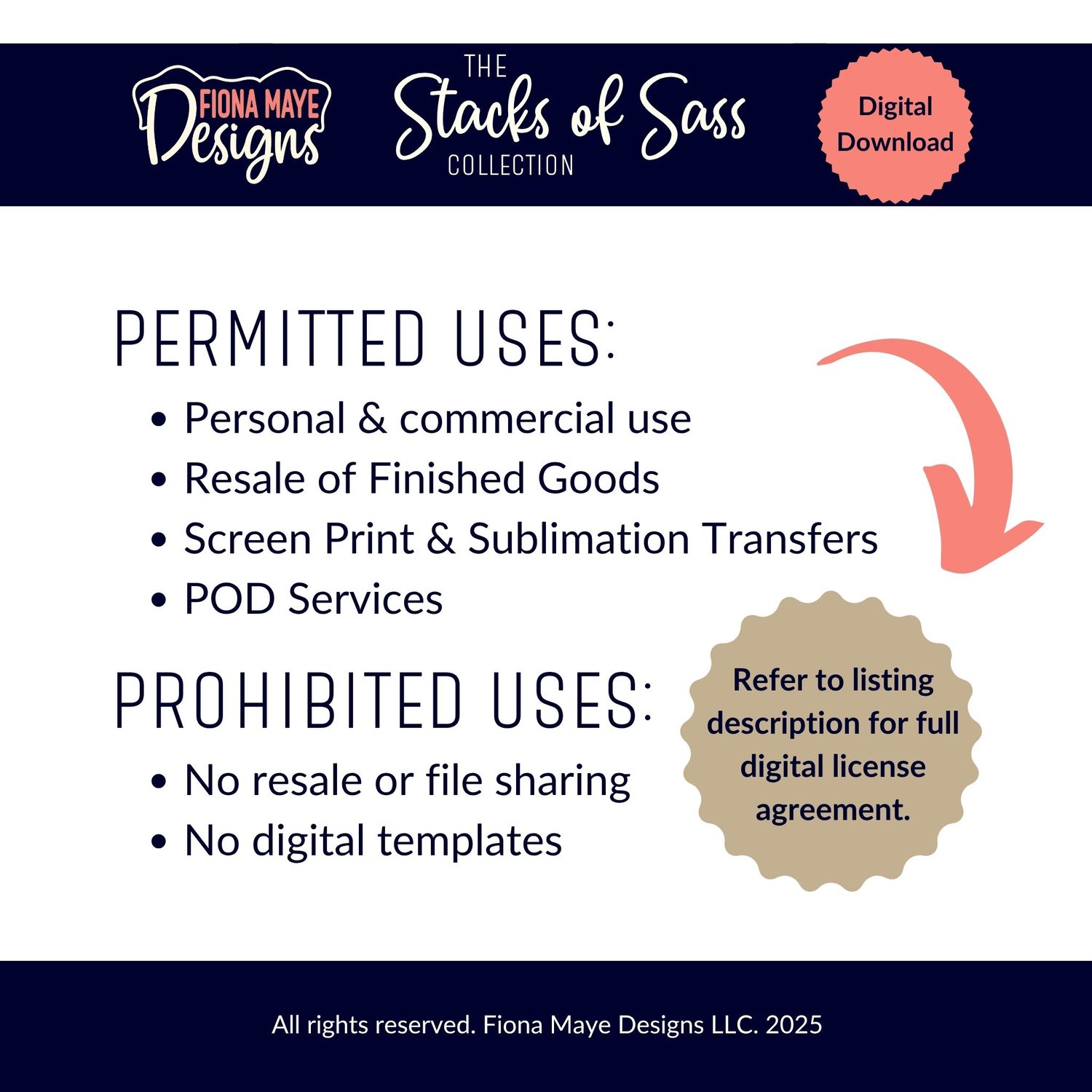 License info graphic for The Stacks of Sass Collection outlining permitted and prohibited uses for the digital download with branding and note to review full terms.