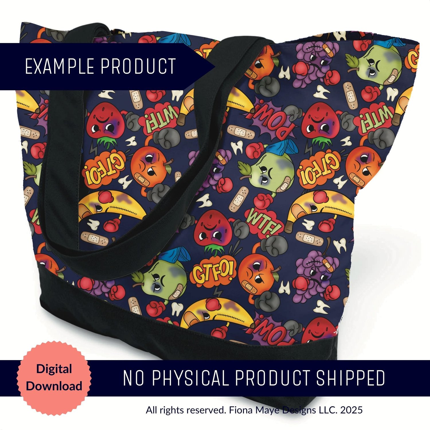 Tote bag mockup featuring a bright comic‑style pattern of fighting fruit characters with bold phrases like POW and WTF, shown as a digital‑download example product.