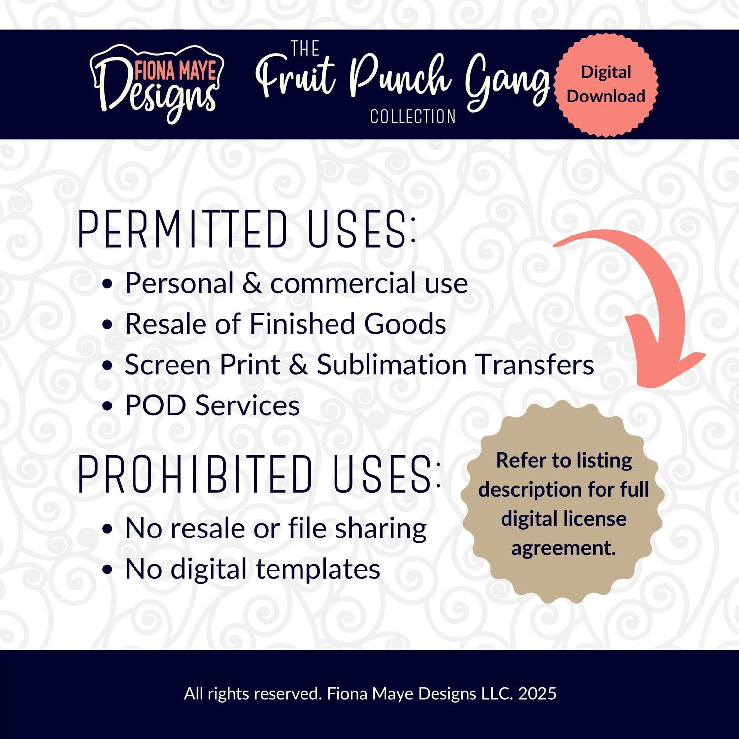License info graphic for the Fruit Punch Gang Collection outlining permitted and prohibited uses for the digital download with branding and note to review full terms.