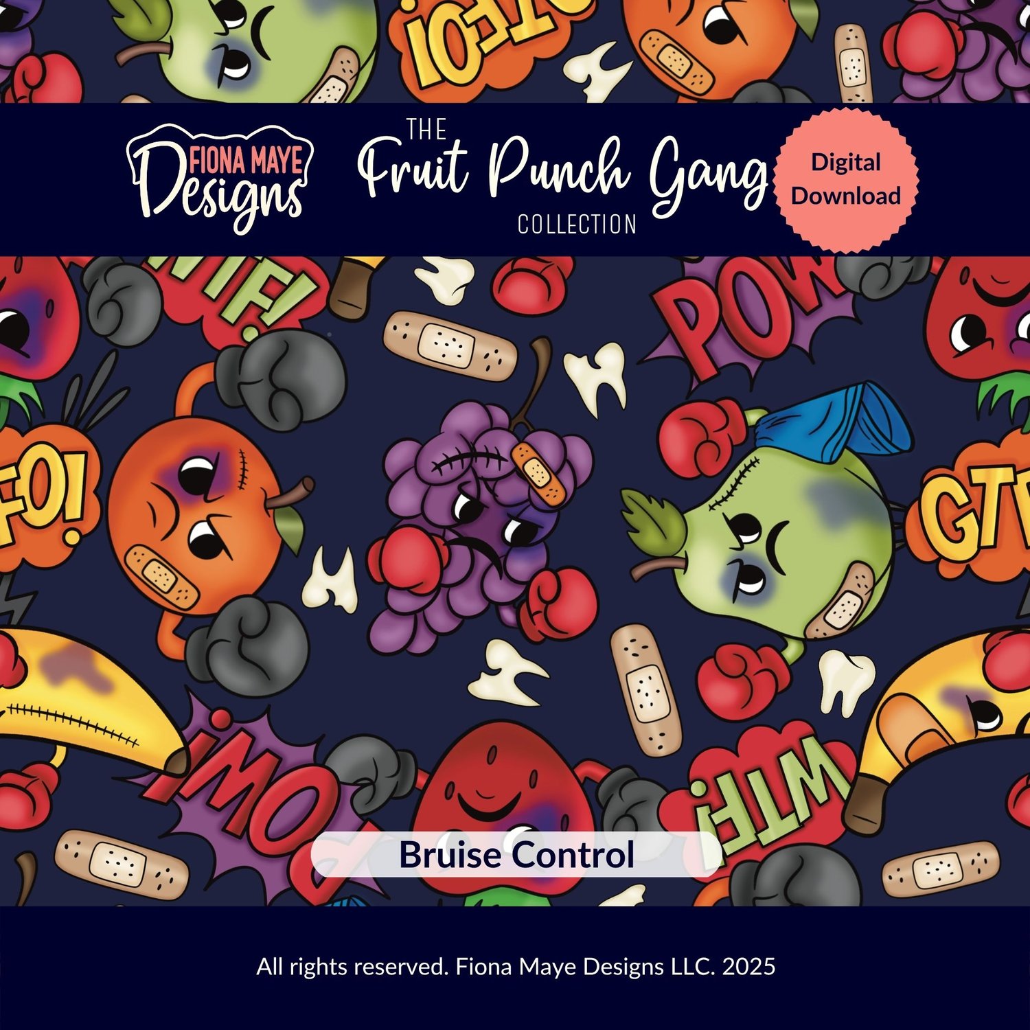 Pattern preview featuring bruised, boxing‑glove fruit characters with comic words on a dark background, shown as a digital‑download design from the Fruit Punch Gang.