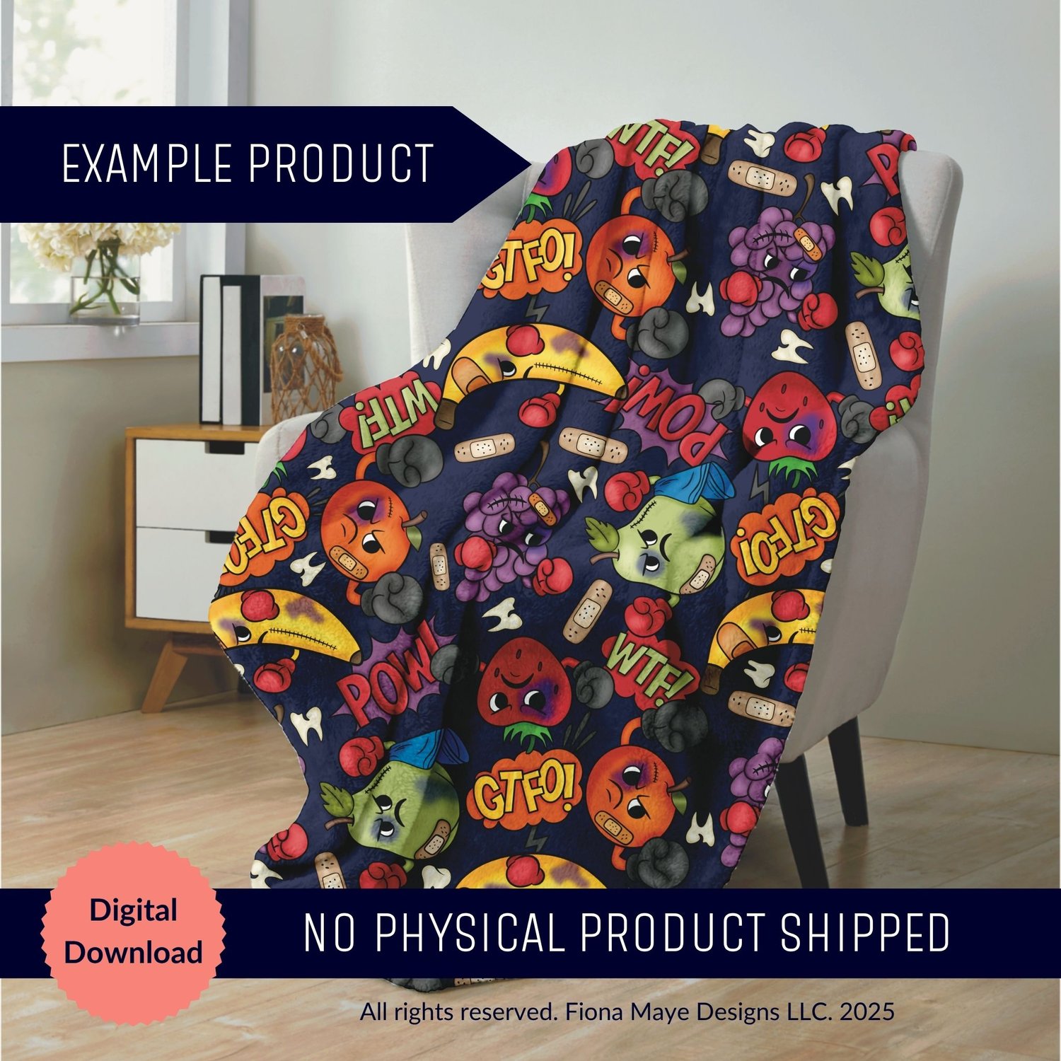 Chair scene with a blanket printed in a bright comic‑style pattern featuring expressive fighting fruit characters and bold phrases, shown as a digital‑download mockup.