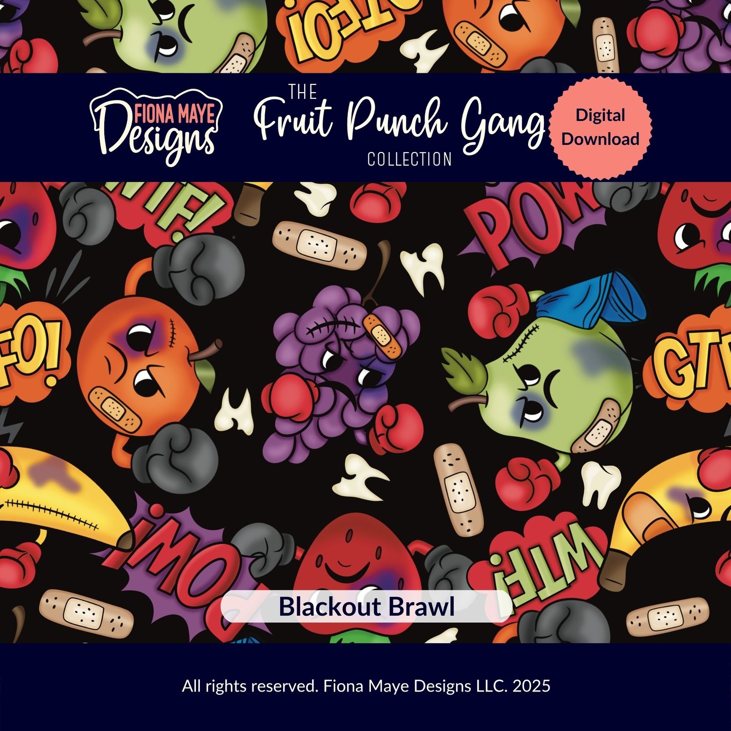 Pattern preview featuring bruised boxing‑glove fruit characters on a black background with comic words like POW and WHAM, shown as a digital‑download design.