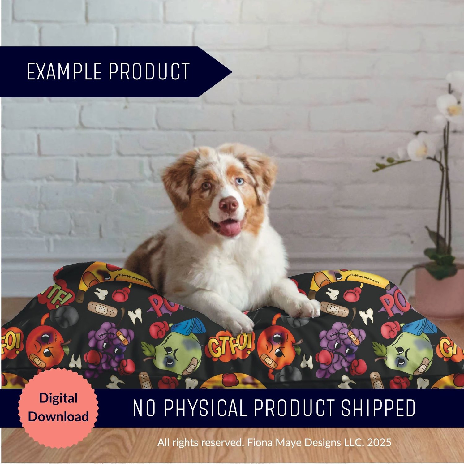 Dog sitting on a cushion printed with a bright comic‑style pattern of fighting fruit characters, shown as a digital‑download example product mockup.
