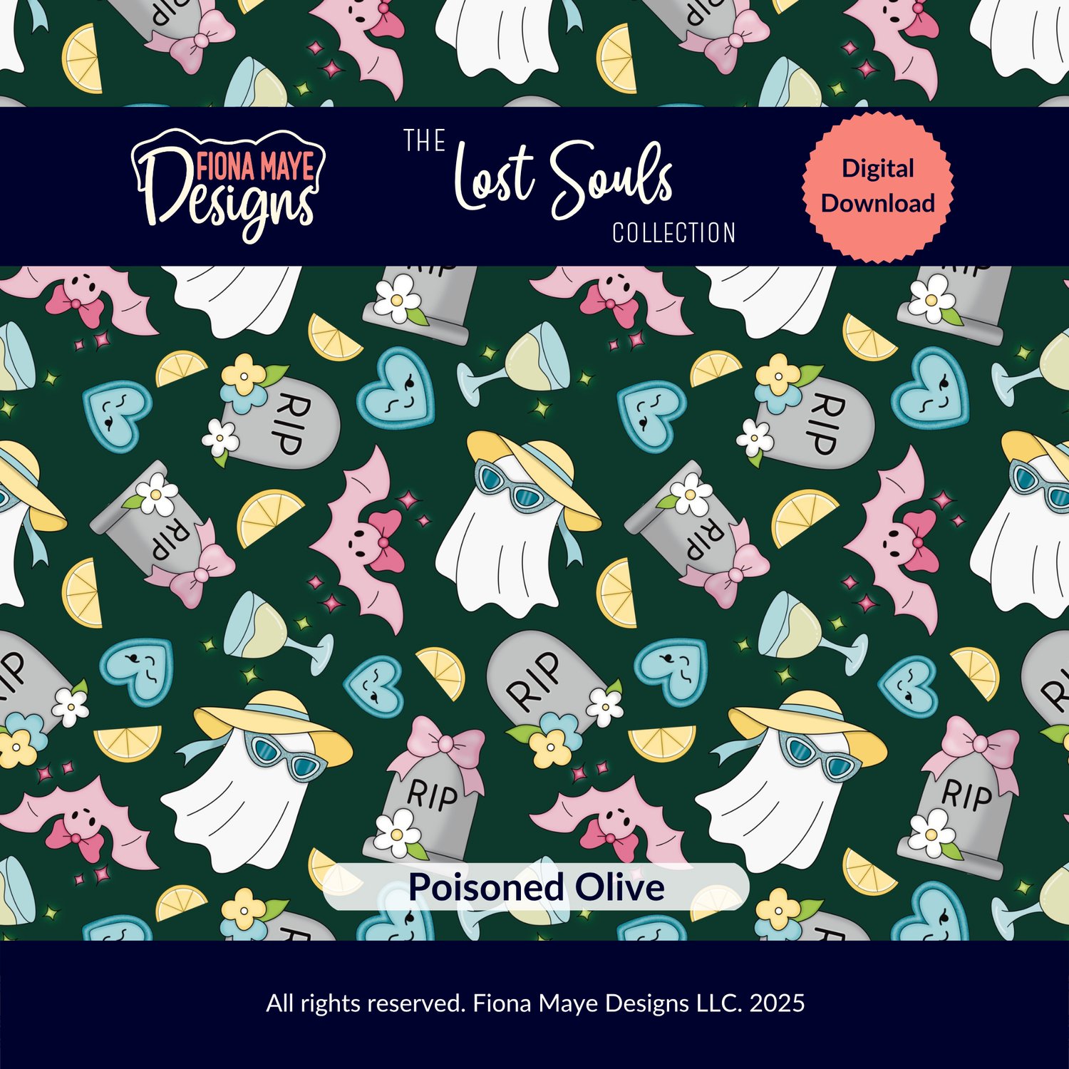 Pattern preview featuring sunglasses‑wearing ghosts, tombstones, bats, hearts, olives, and florals on dark green, shown as a digital‑download design.