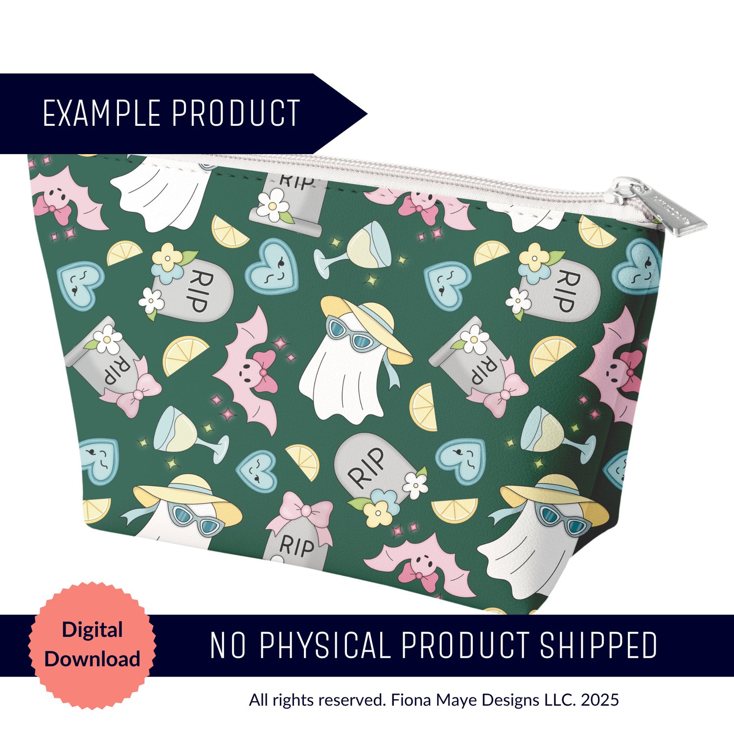 Zipper pouch mockup printed with a dark‑green ghost and Amalfi‑inspired pattern, shown as a digital‑download example product with no physical item shipped.