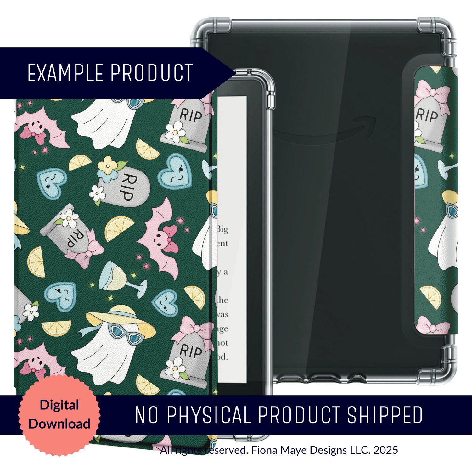 E‑reader case mockup featuring a dark‑green pattern of ghosts, tombstones, hearts, and florals, shown as a digital‑download example with no physical product shipped.
