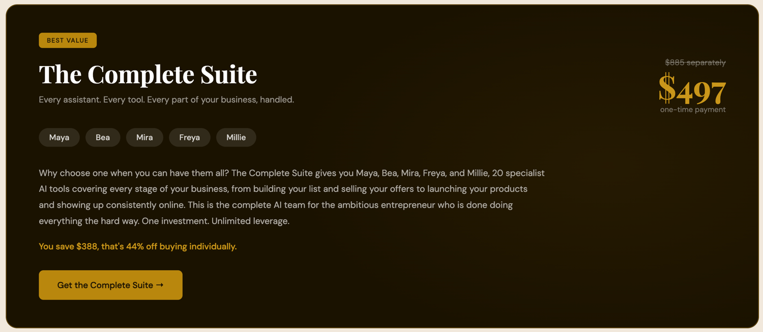 The Comple Clarity Suite of. your hardworking AI Assistants. Brown and cream and gold layout. Huge savings!