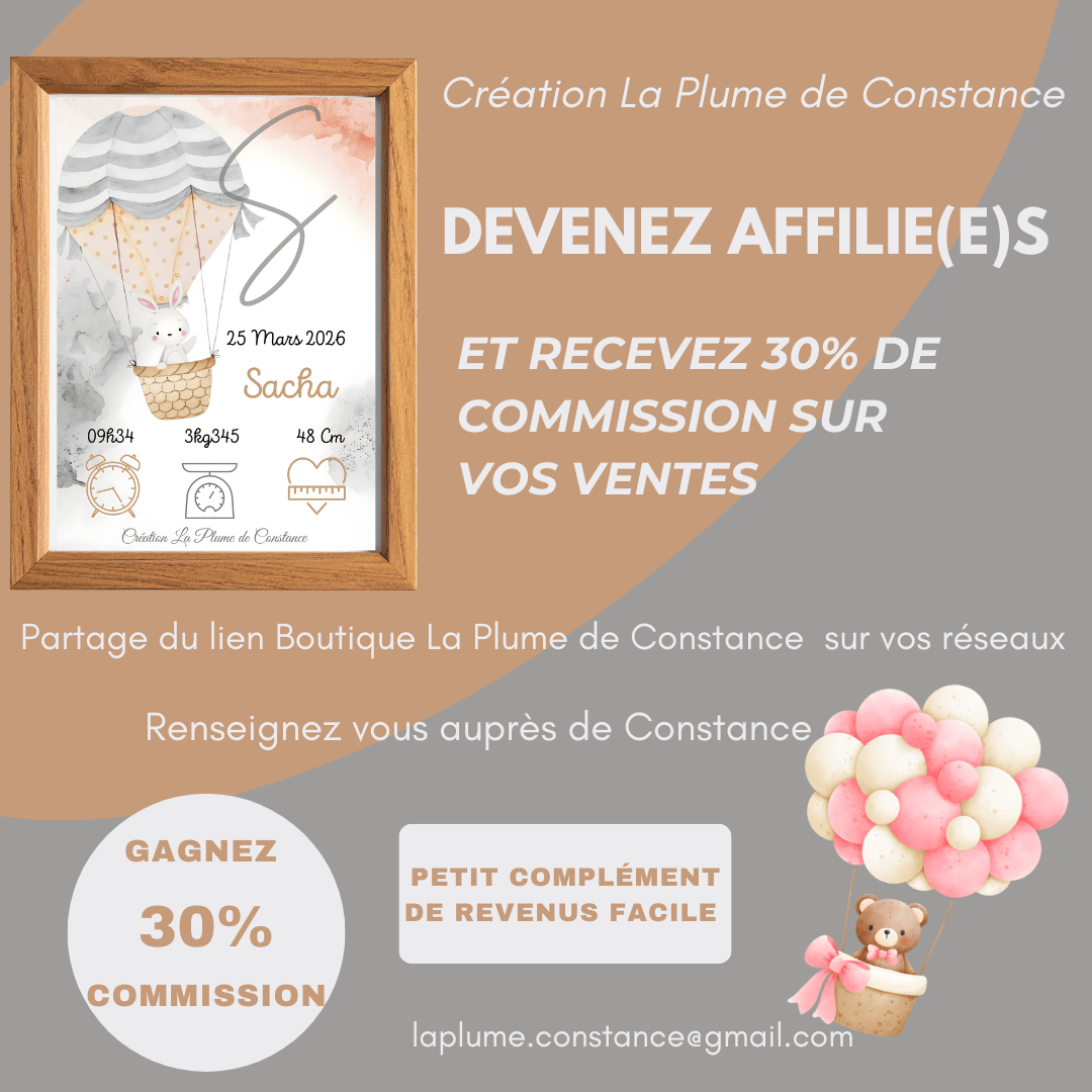 Affiliation affiches personnalisées enfants – gagnez 30% de commission avec La Plume de Constance