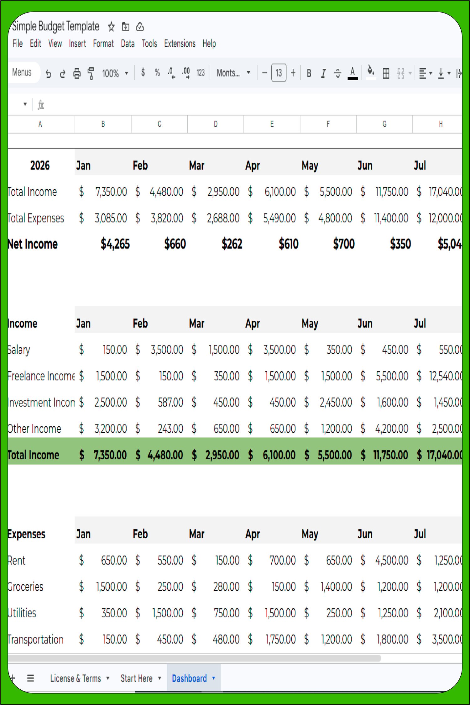 Clean, organized data entry for Income & Expenses. Smart categorization with automated totals. Track your Salary, Rent, & more with ease. The ultimate financial organizer!