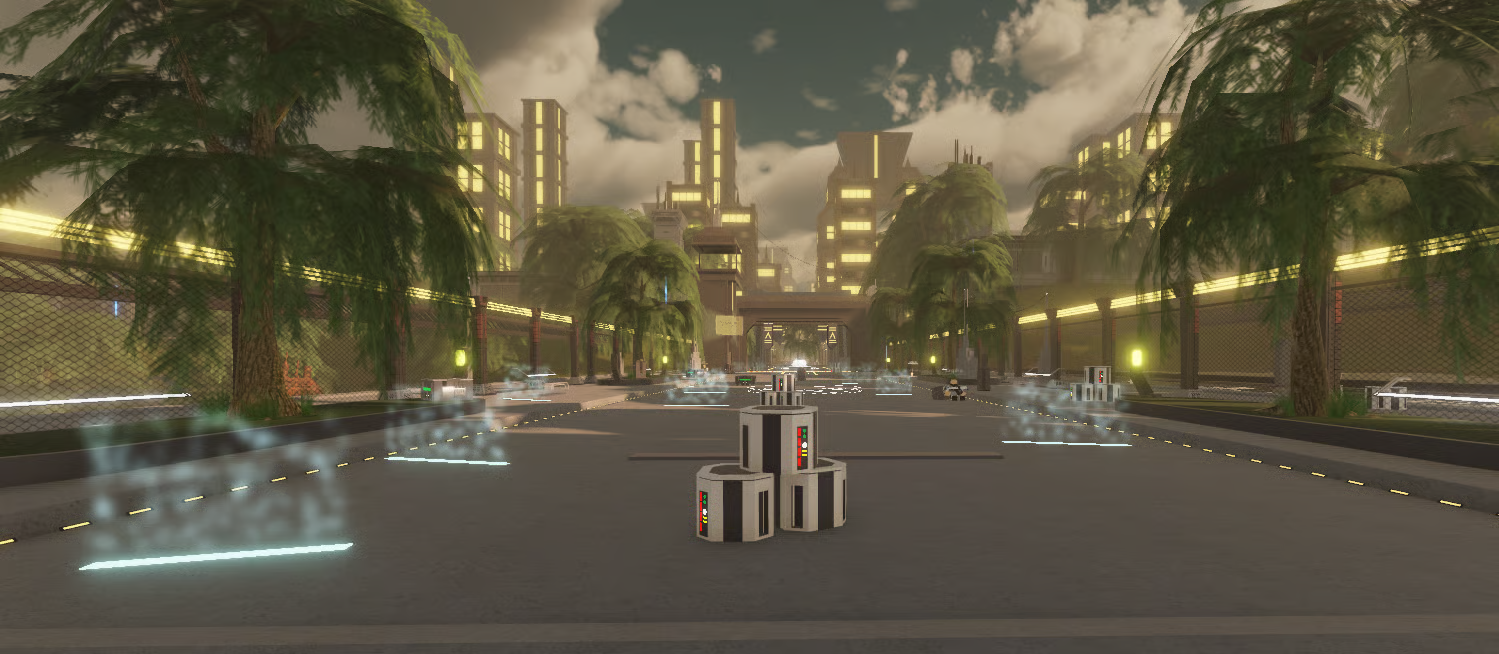 Dystopian Roblox metropolis with advanced lighting effects