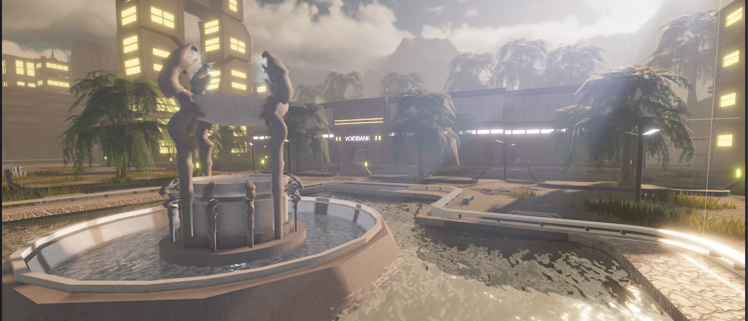 Roblox cyberpunk style city with rail bridge and towers