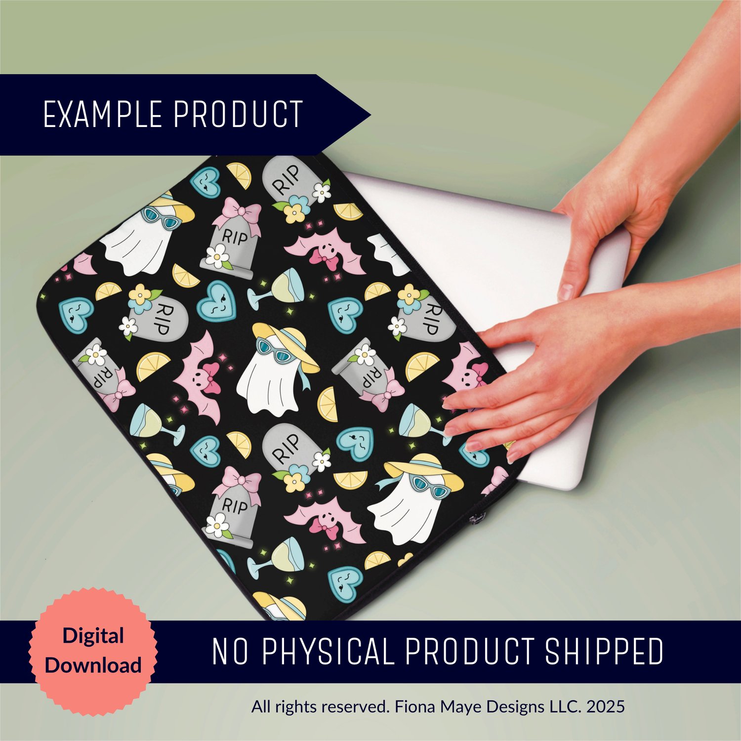 Laptop sleeve mockup featuring a black ghost‑themed pattern with tombstones, hearts, and stars, shown as a digital‑download example with no physical product shipped.