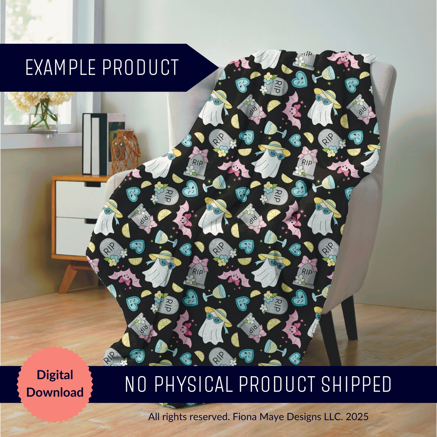 Cozy blanket mockup featuring a dark ghost‑themed pattern with bats, skulls, and candy elements, shown as a digital‑download example with no physical product shipped.