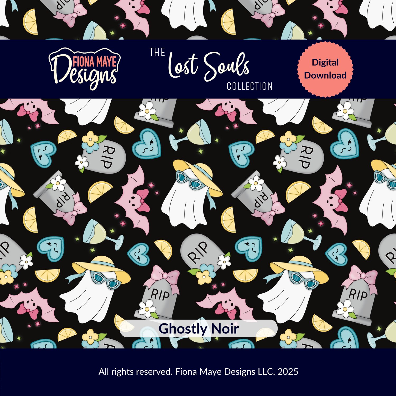 Pattern preview featuring sunglasses‑wearing ghosts, tombstones, bats, hearts, and florals on a black background, shown as a digital‑download design.