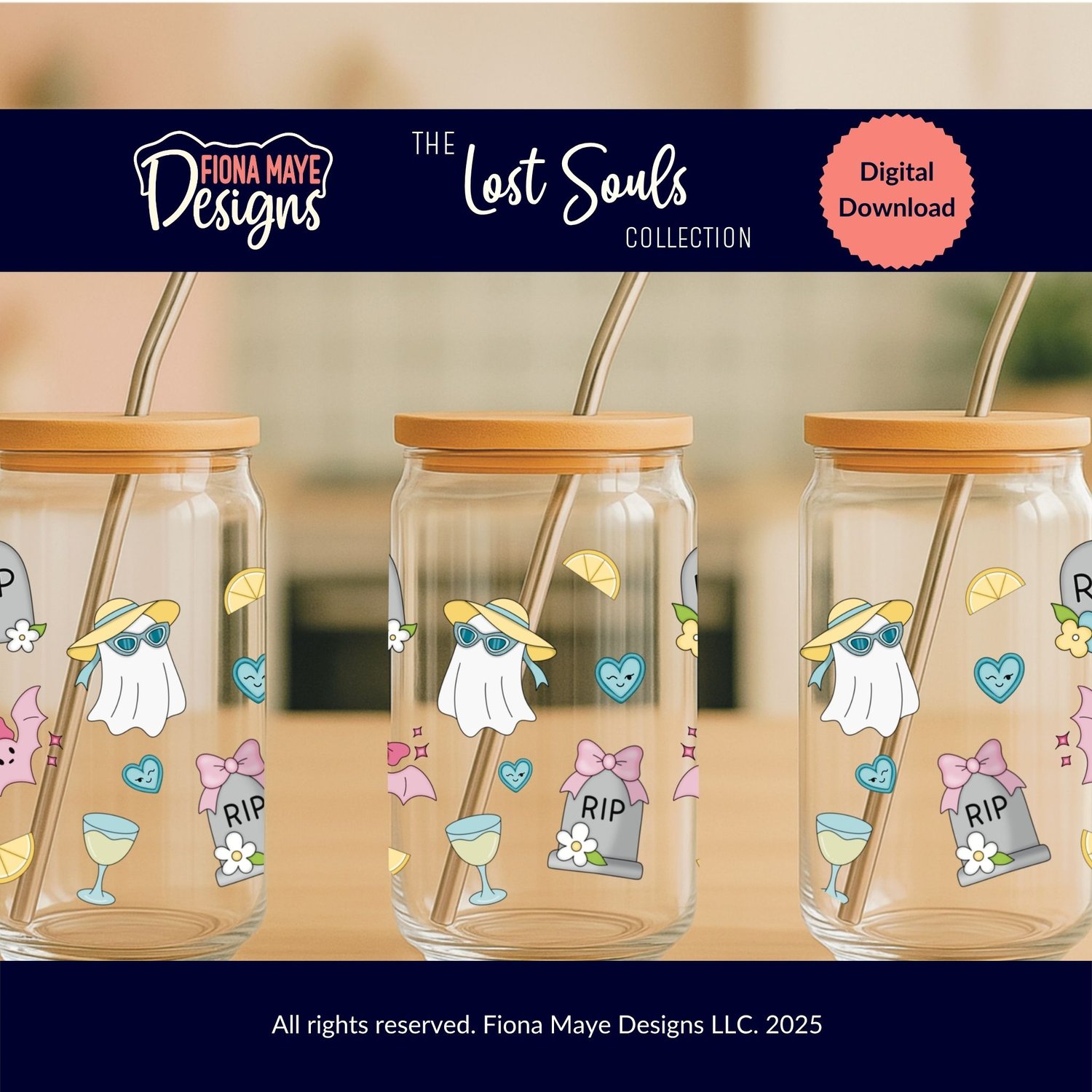 Three glass cans with bamboo lids featuring a playful ghost‑themed wrap design with tombstones, hearts, and cocktails, shown as a digital‑download example product.