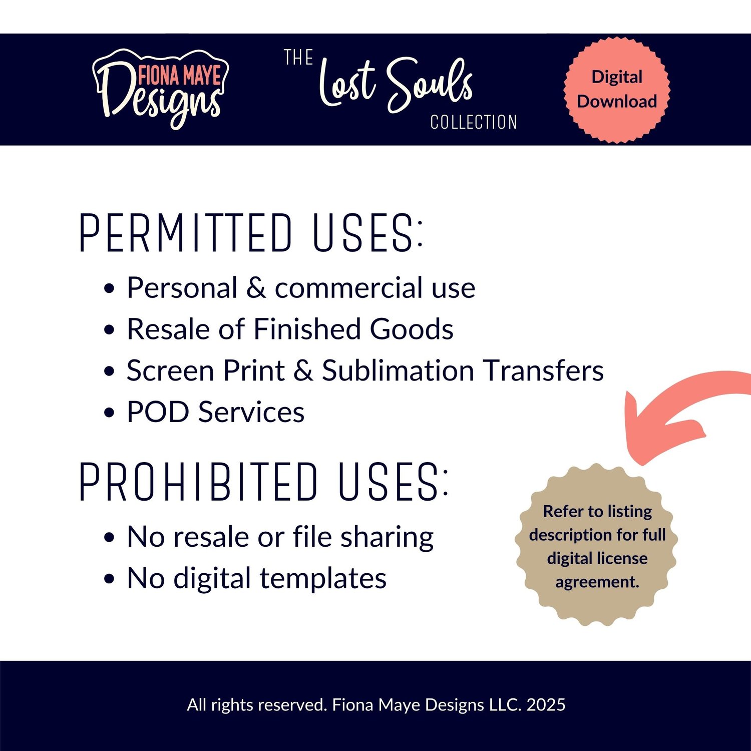 License info graphic outlining permitted and prohibited uses for the digital download with branding and note to review full terms.