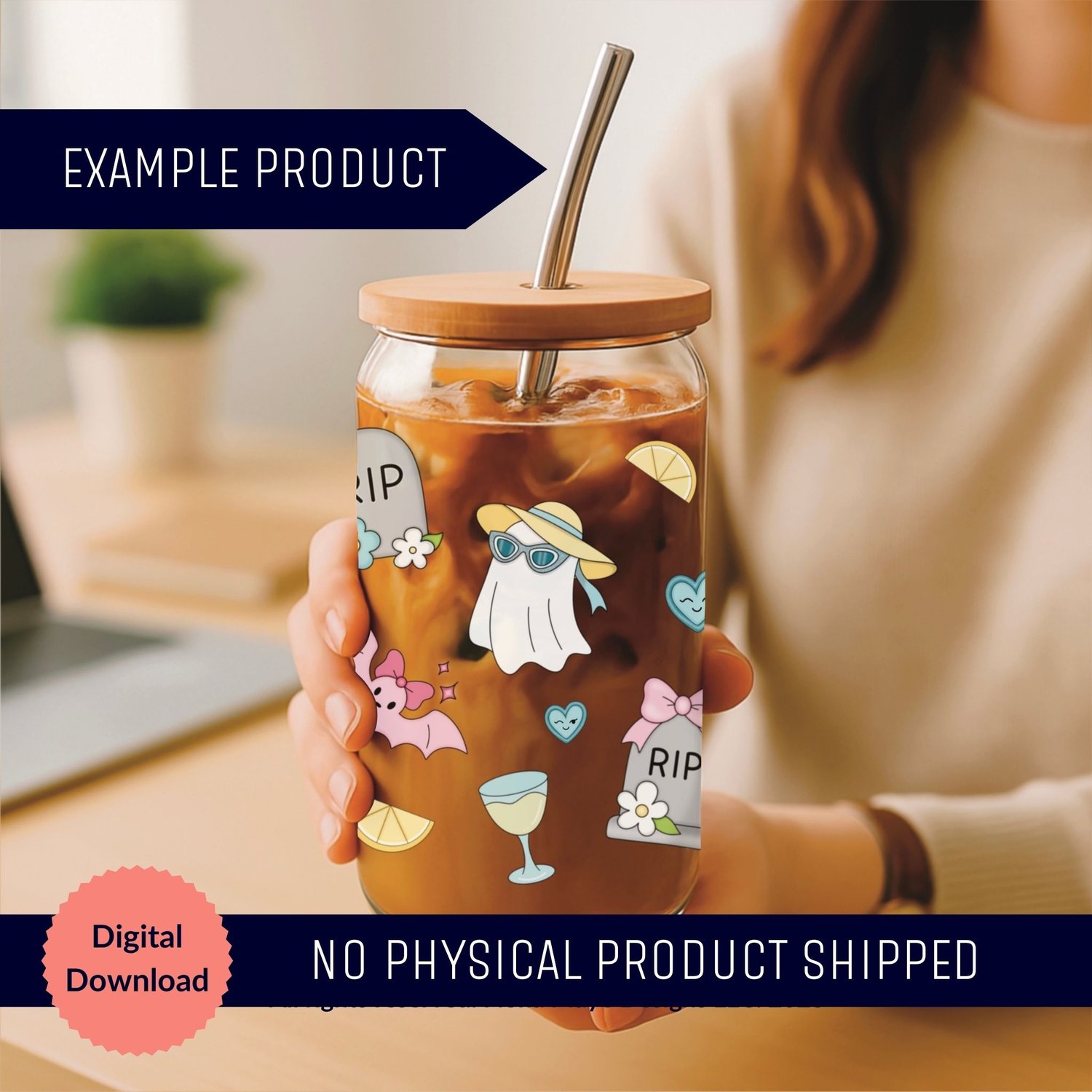 Hand holding a glass can with a ghost‑themed wrap featuring tombstones, bats, and cocktails, shown as a digital‑download example with no physical product shipped.