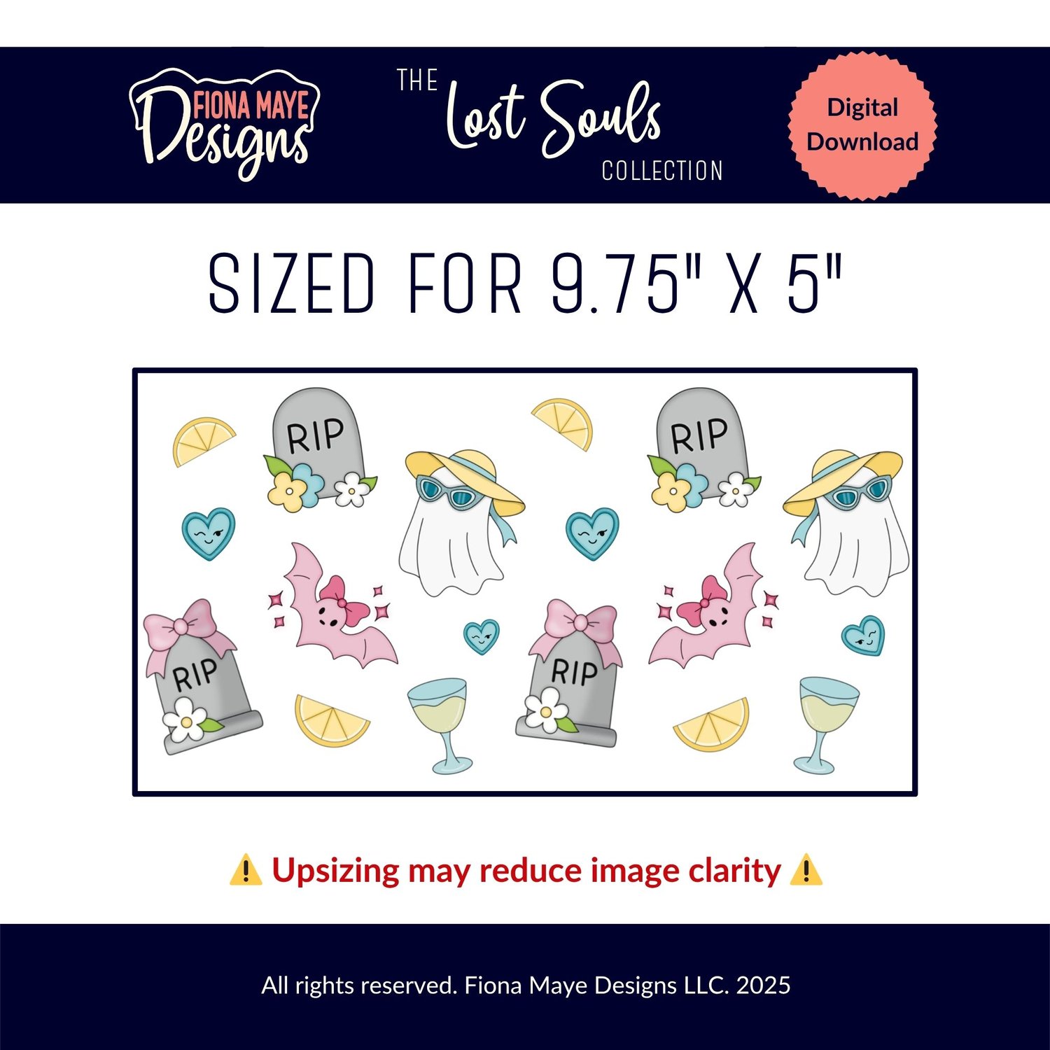 Design preview of a ghost‑themed wrap with tombstones, bats, lemons, and cocktails on a dark background, sized for 9.75×5 inches as a digital‑download file.