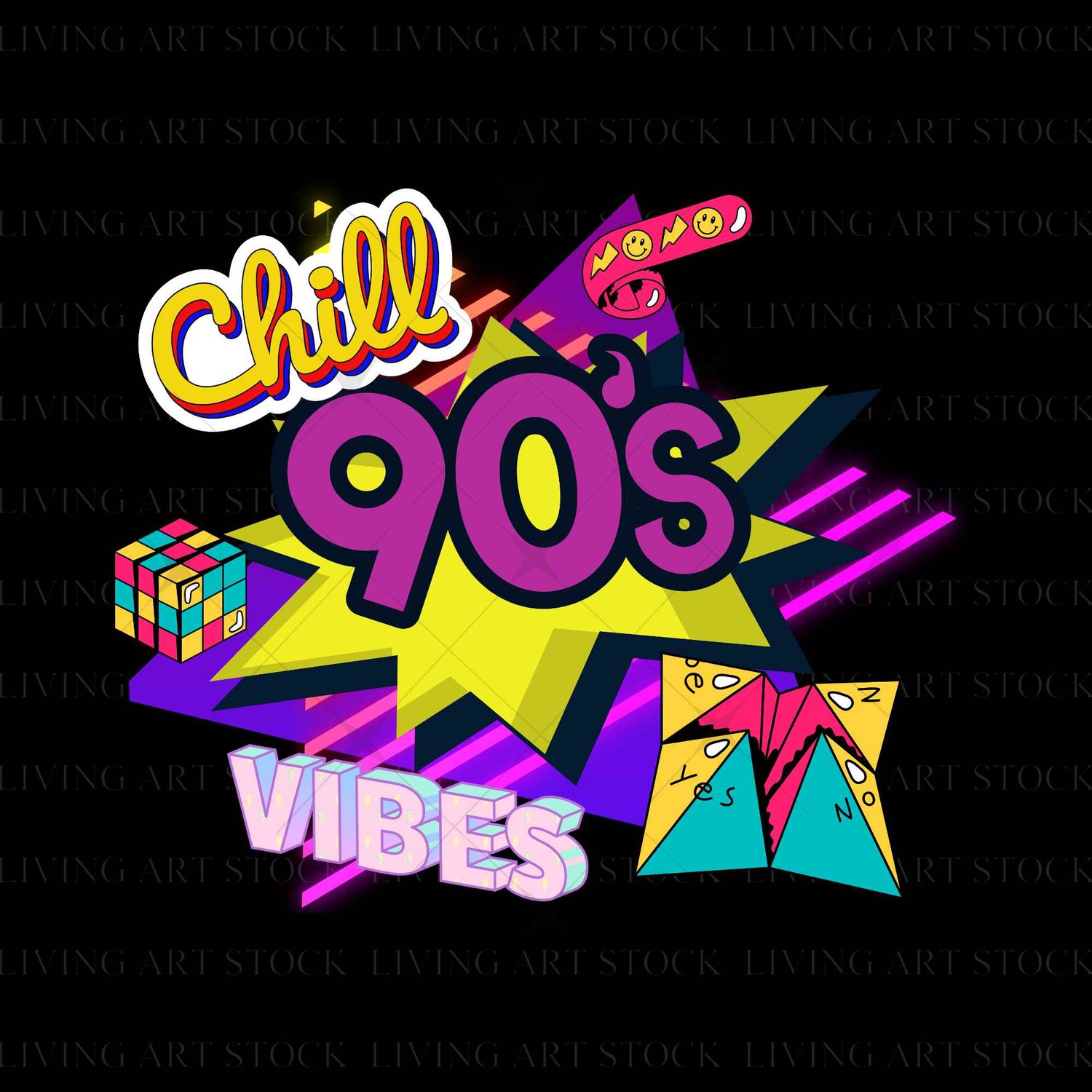 A vibrant retro vector illustration on a black background, featuring the text "Chill 90s Vibes" in bubbly fonts. A colorful Rubik, geometric starbursts, neon lines, and a cassette tape graphic.