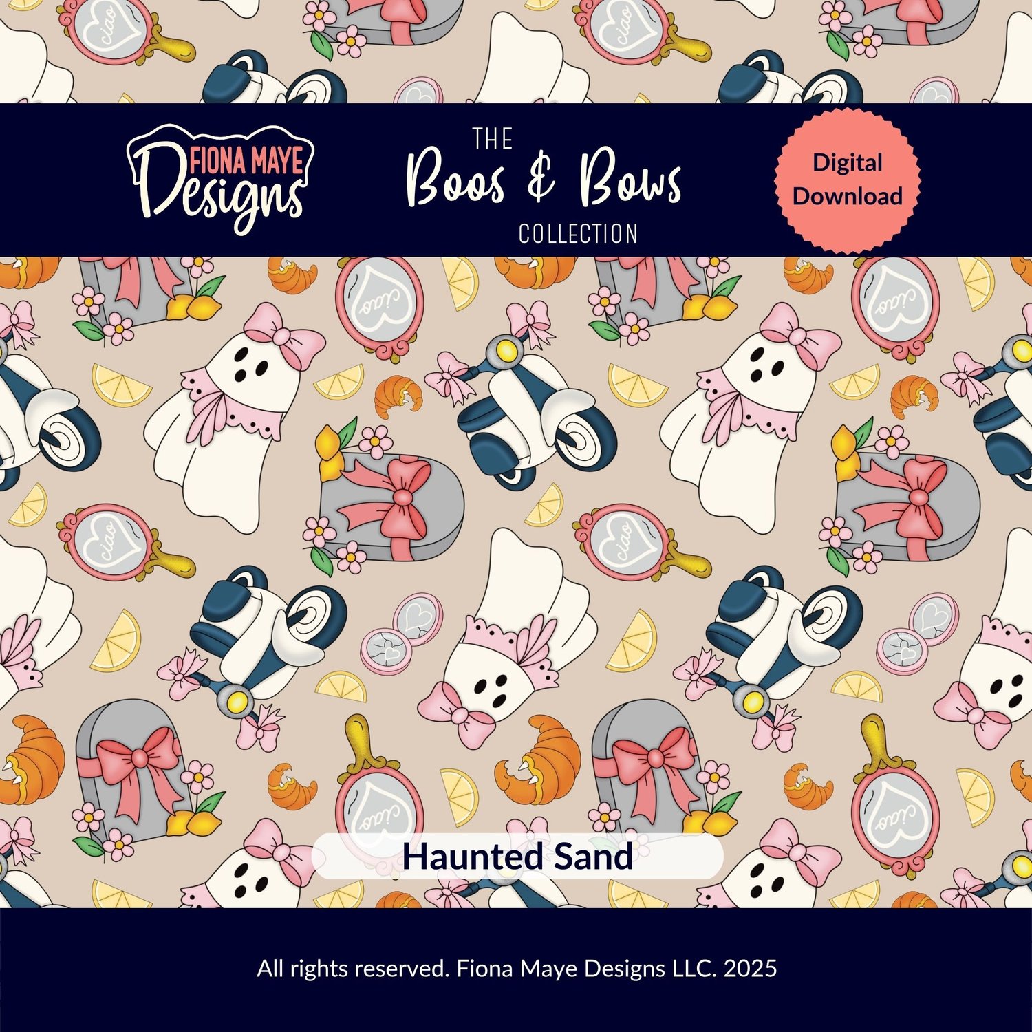 Pattern preview featuring bow‑wearing ghosts, scooters, flowers, lemons, and perfume icons on a beige background, shown as a digital‑download design.