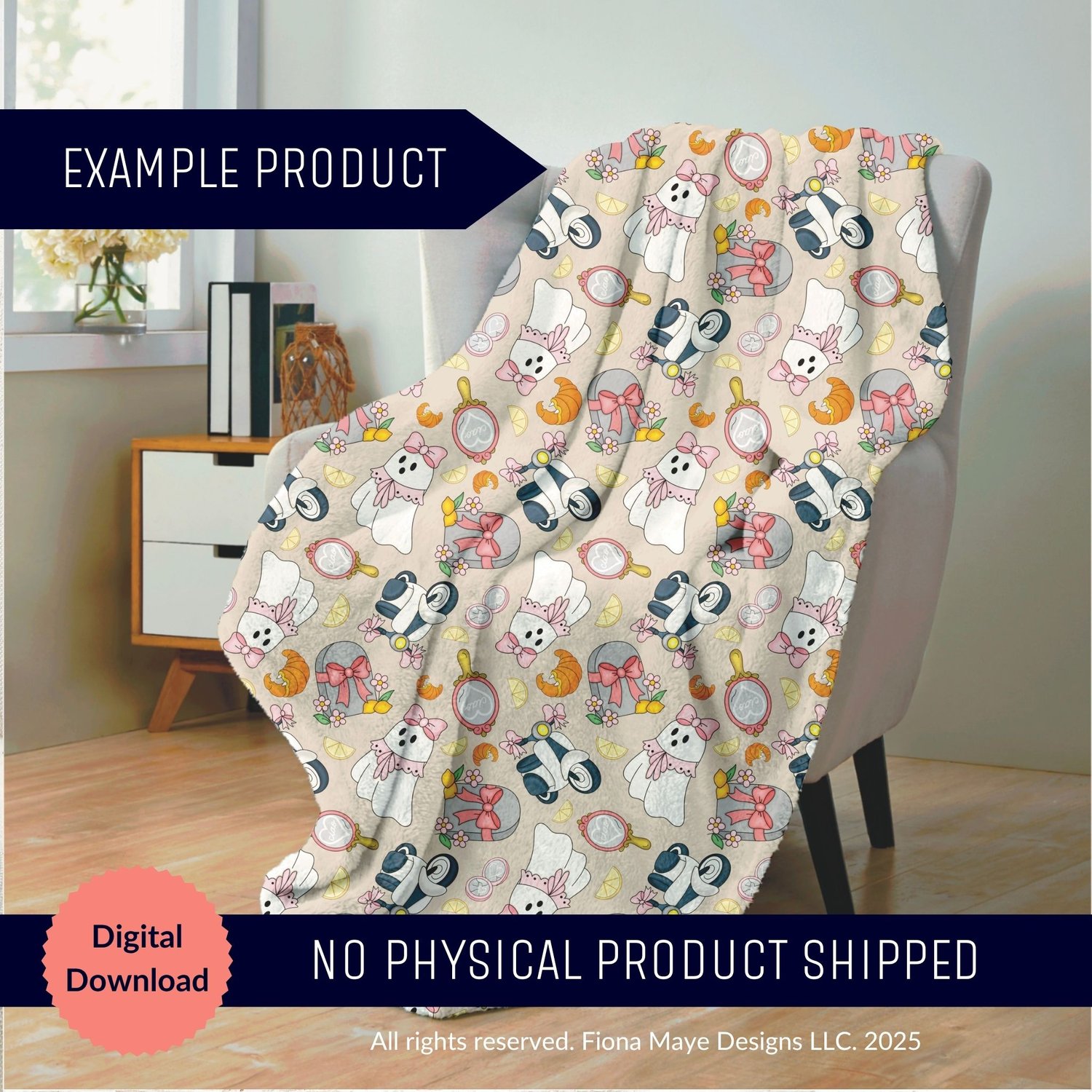 Cozy blanket mockup featuring a beige pattern of accessorized dogs with bones and paw prints, shown as a digital‑download example with no physical product shipped.