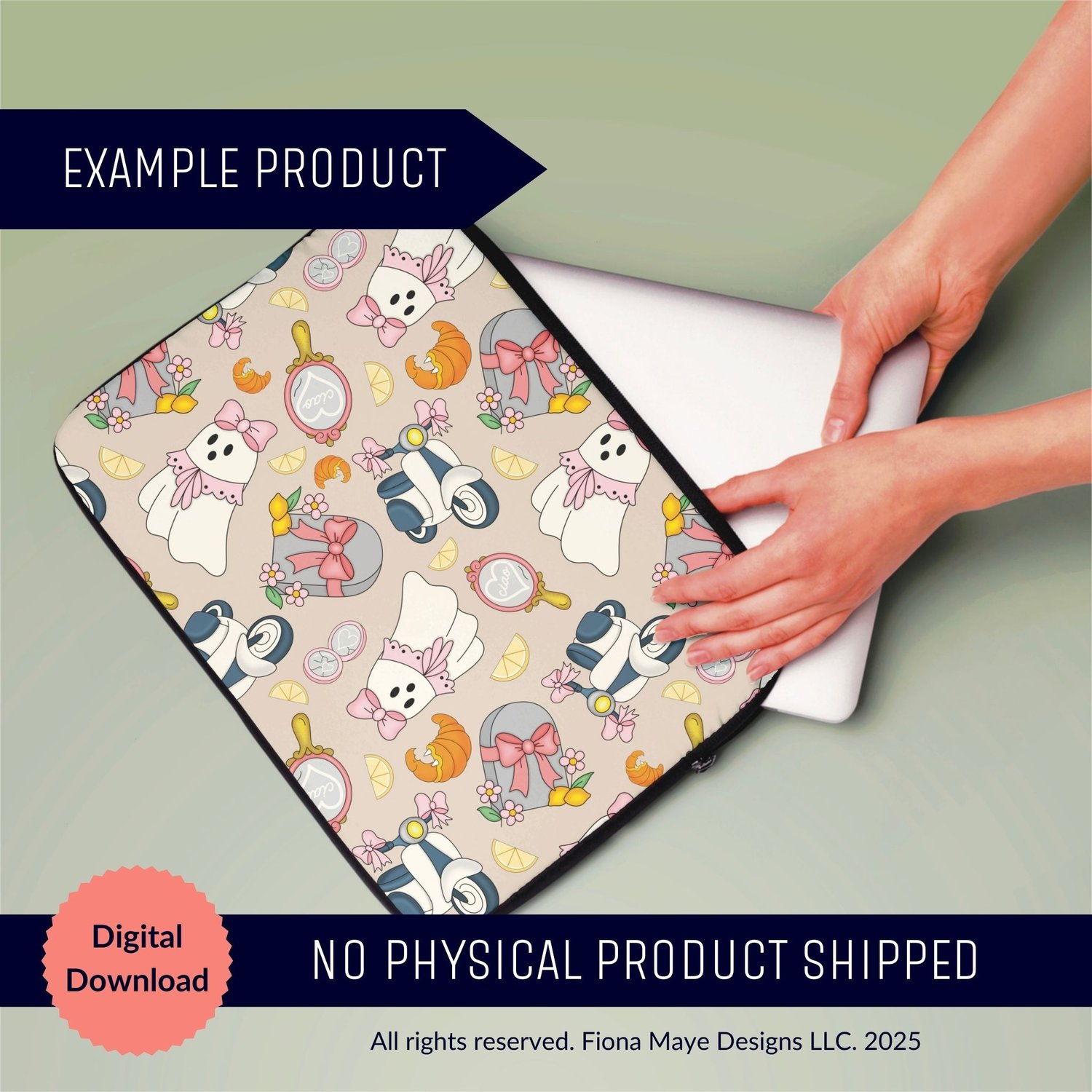Laptop sleeve mockup featuring a beige pattern with bow‑wearing cats, perfume bottles, shoes, and ribbons, shown as a digital‑download example with no physical product shipped.
