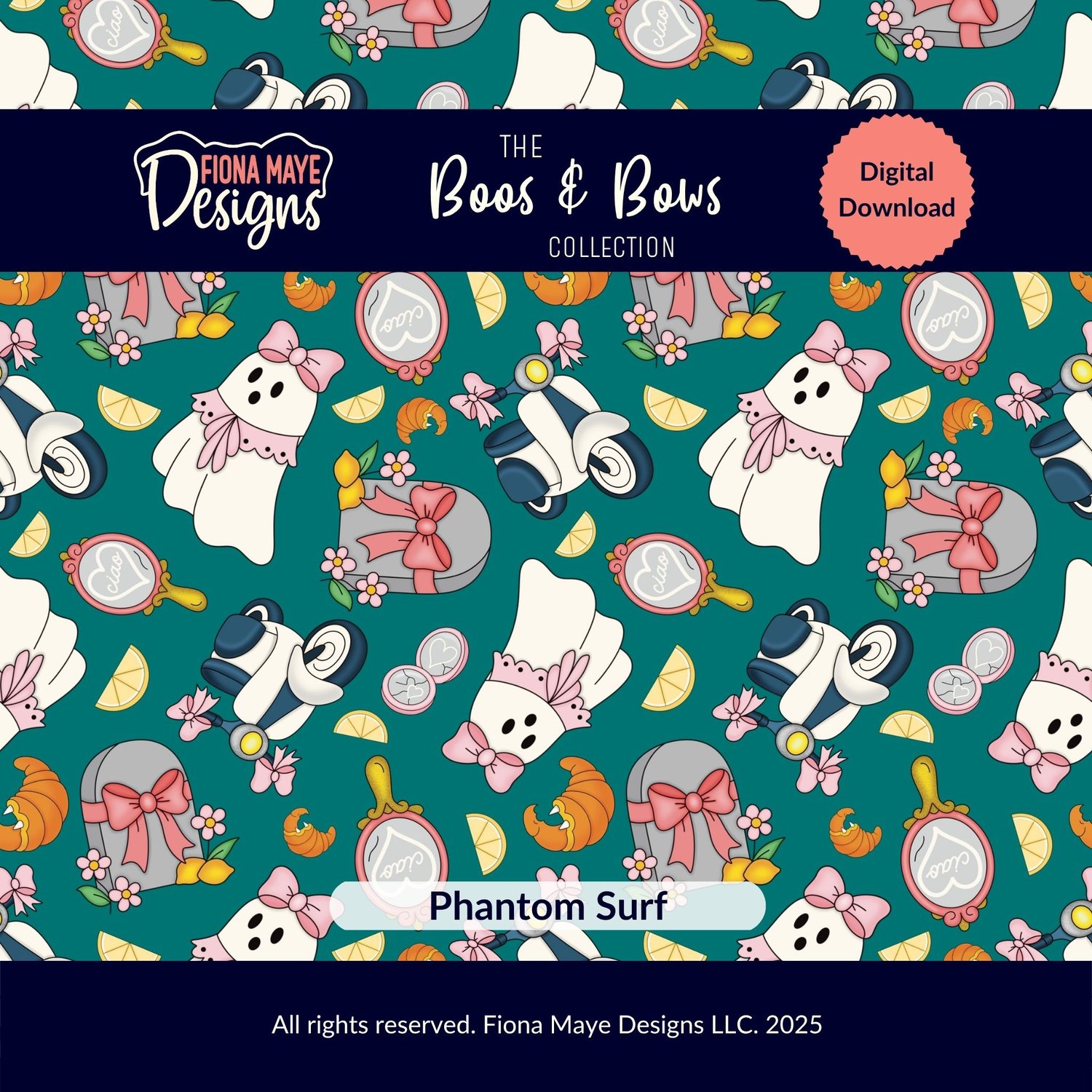 Pattern preview featuring bow‑wearing ghosts, surfboards, seashells, sunglasses, and ice‑cream icons on a teal background, shown as a digital‑download design.