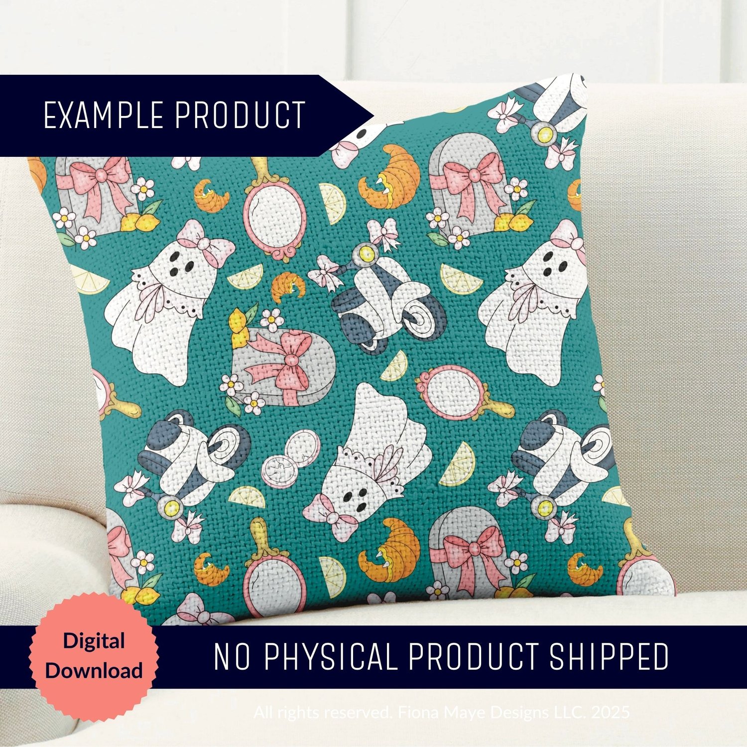Pillow mockup featuring a teal pattern with small ghosts, bows, moons, mirrors, and potion bottles, shown as a digital‑download example with no physical product shipped.