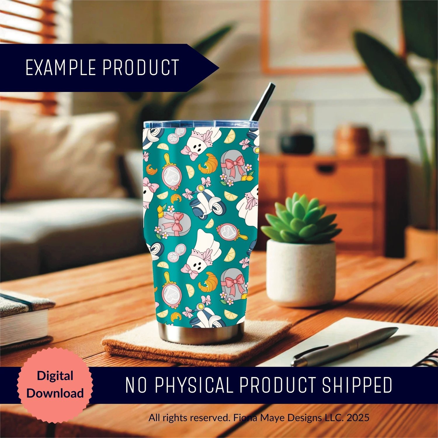Tumbler mockup featuring a teal Easter pattern with rabbits, eggs, carrots, and flowers, shown as a digital‑download example with no physical product shipped.