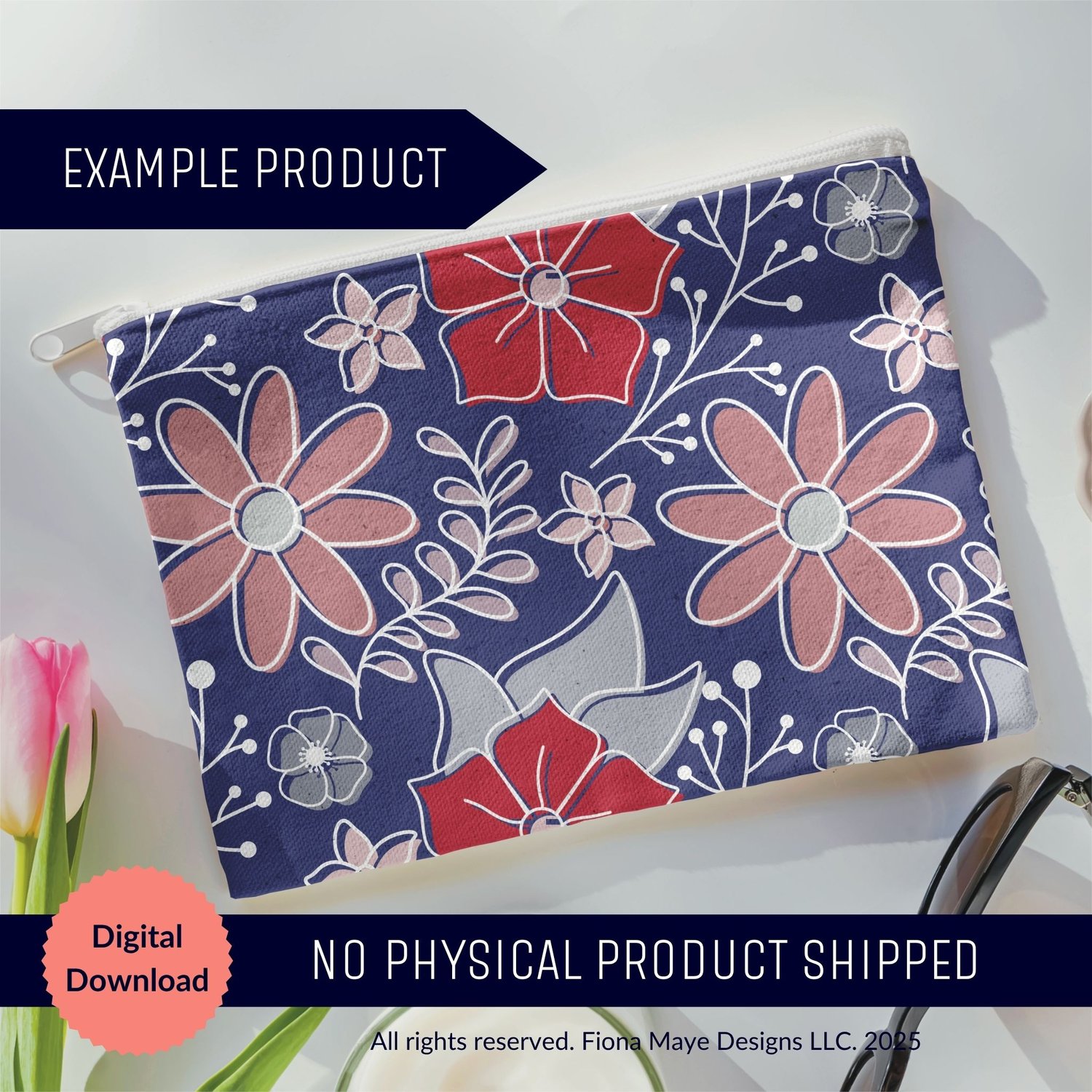 Navy zipper pouch mockup featuring a hand-drawn red and pink floral seamless pattern. Digital download, no physical product.