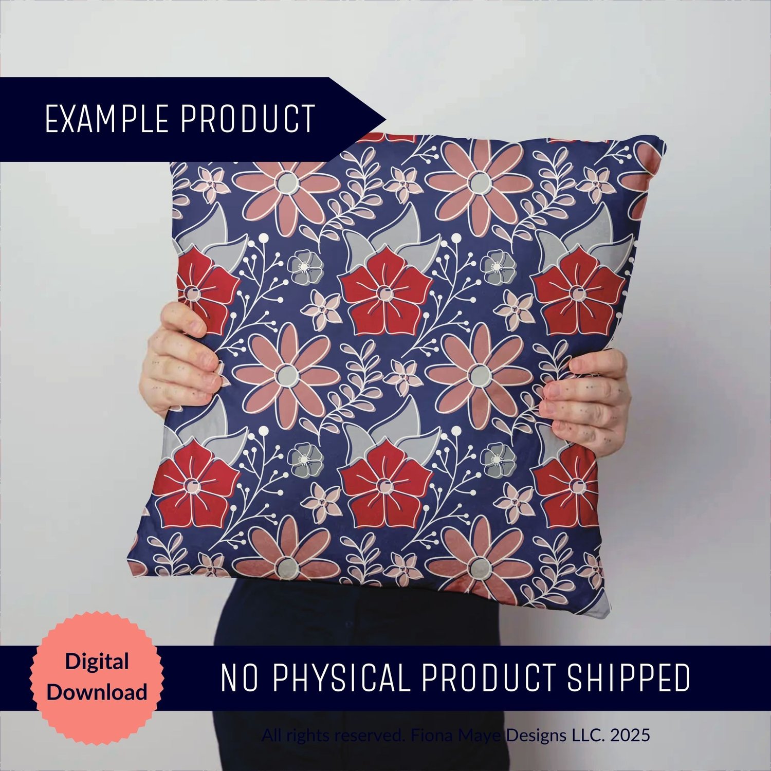 Navy throw pillow mockup with hand-drawn red and pink florals held by a person. Digital download, no physical product shipped.