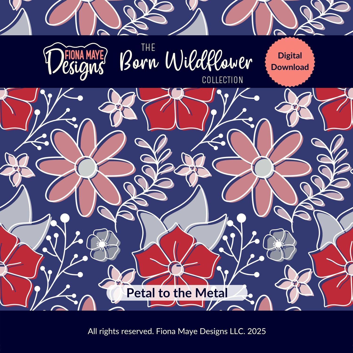 Close-up of a hand-drawn patriotic floral seamless pattern in navy, red and pink. Part of the Born Wildflower Collection. Digital download.