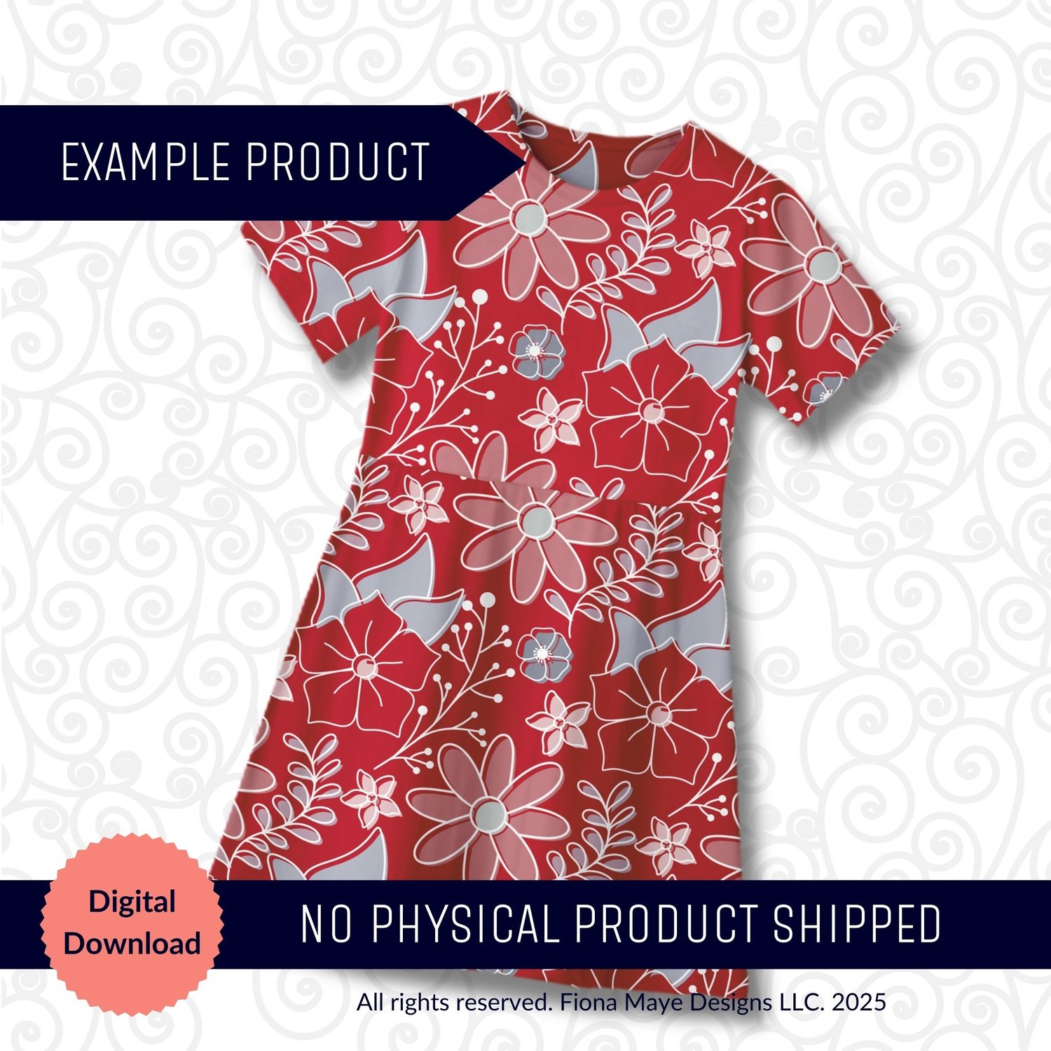 Short-sleeve dress mockup with a bold hand-drawn red, white and gray daisy pattern. No physical product shipped.