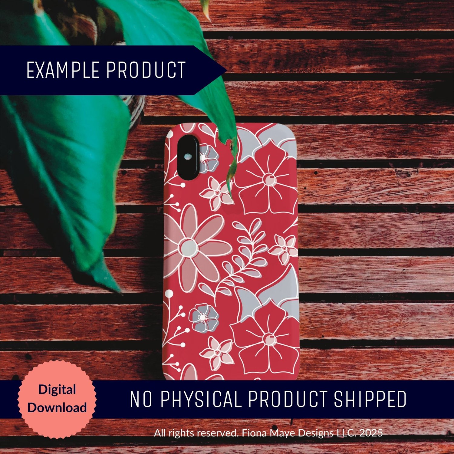 Smartphone case mockup with a bold hand-drawn red and white daisy pattern on a wood background. Digital download only.