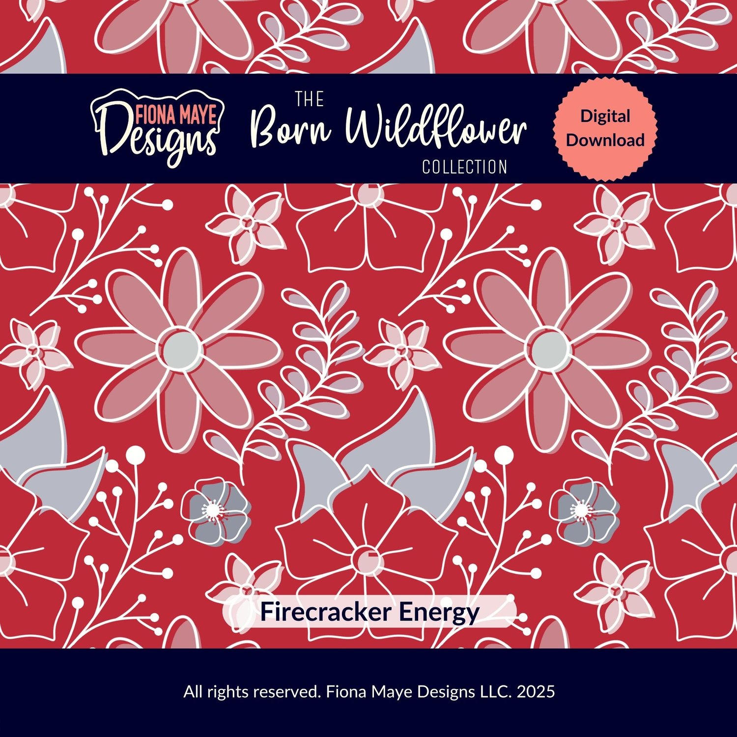 Hand-drawn daisy and wildflower seamless pattern in red, white and gray from the Born Wildflower Collection.
